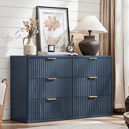 LEYAOYAO Fluted 6 Drawers Dresser for Bedroom, 48" Wide Modern Chest of Drawers with Metal Handle, Navy Blue Curved Profile Farmhouse Closet Organizer Wood Dressers TV Stand for Living Room, Hallway