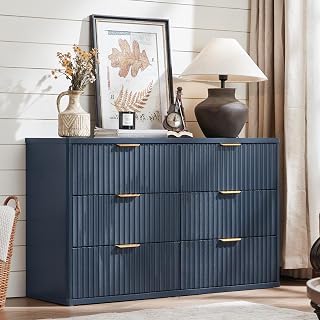 LEYAOYAO Fluted 6 Drawers Dresser for Bedroom, 48" Wide Modern Chest of Drawers with Metal Handle, Navy Blue Curved Profile Farmhouse Closet Organizer Wood Dressers TV Stand for Living Room, Hallway