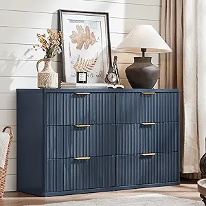 LEYAOYAO Fluted 6 Drawers Dresser for Bedroom, 48" Wide Modern Chest of Drawers with Metal Handle, Navy Blue Curved Profile Farmhouse Closet Organizer Wood Dressers TV Stand for Living Room, Hallway