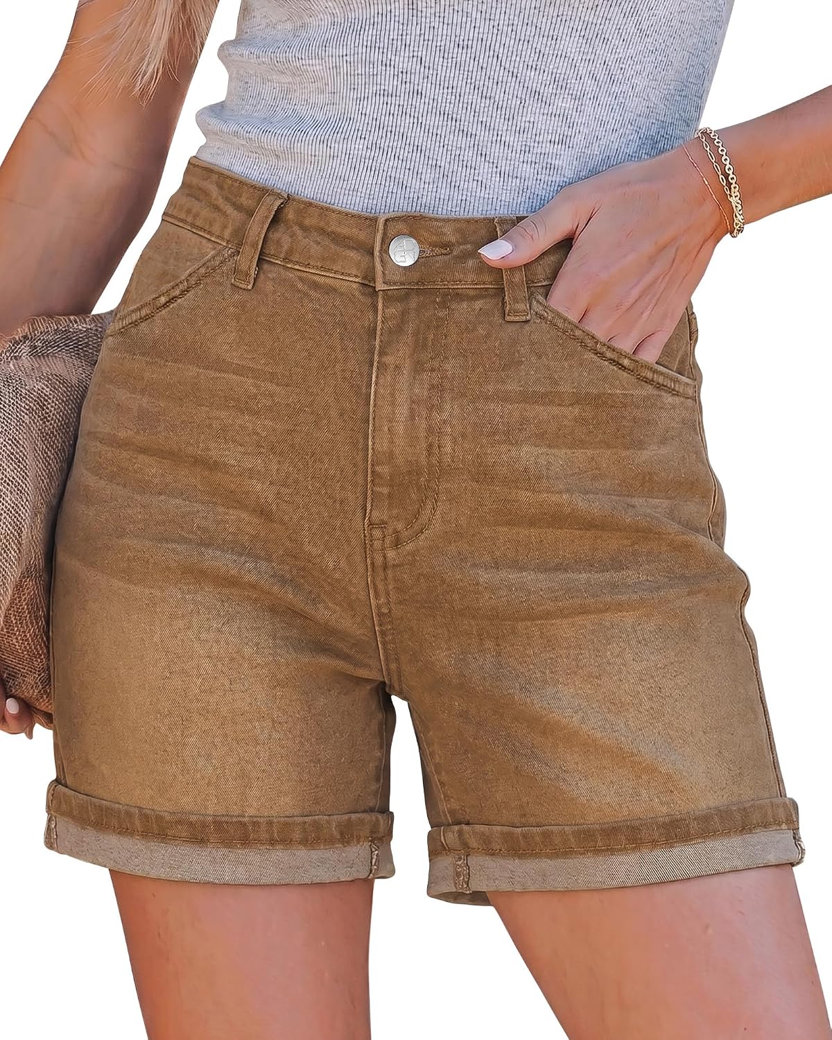GRAPENT Jean Shorts for Women High Waisted Mid Thigh Cuffed Hem 5 Inch Inseam Stretchy Denim Shorts Summer Casual Jorts