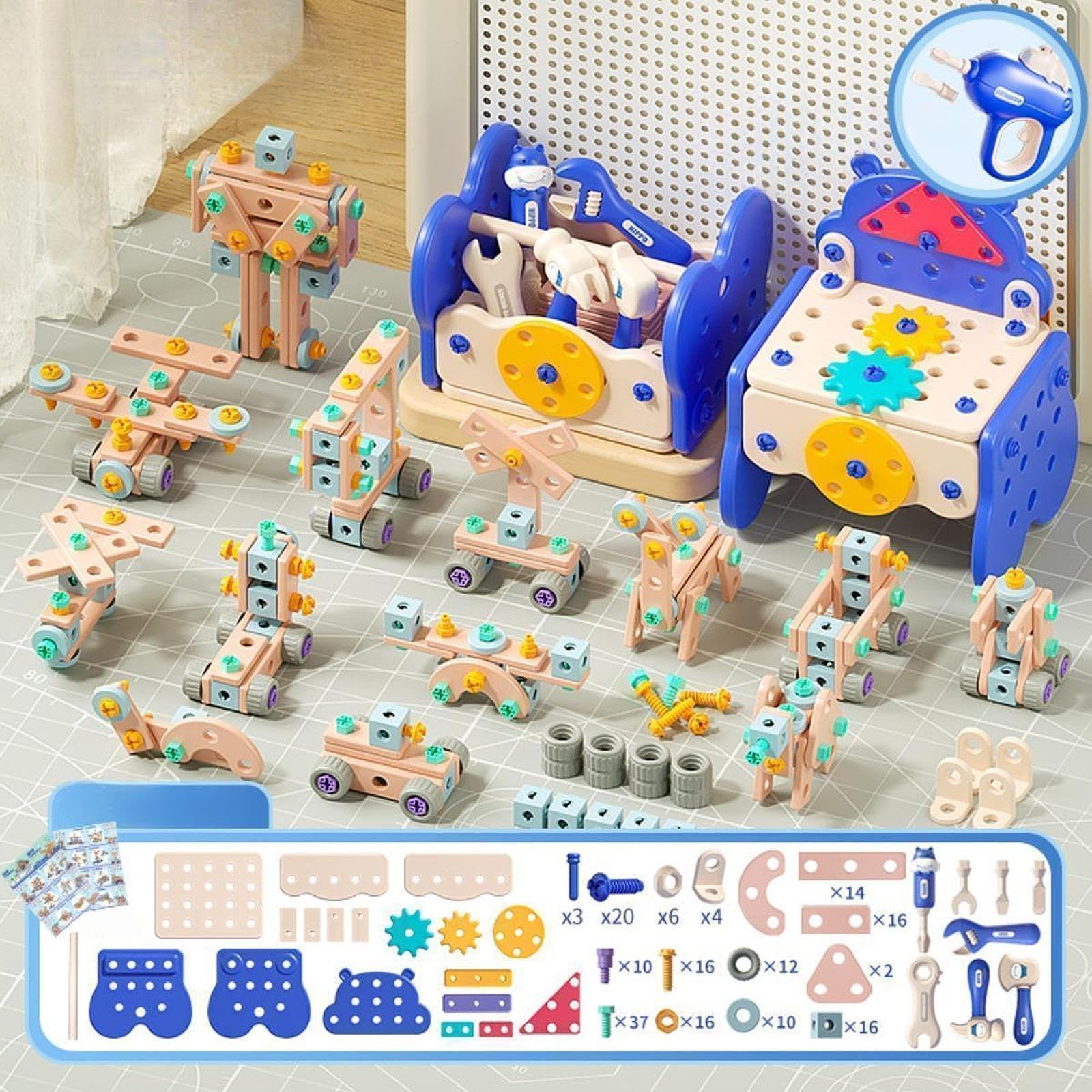 Milageto Set di Attrezzi per Bambini 213x, Giocattoli educativi da Costruzione Fai-da-Te Resistenti per Bambini dai 3 Anni in su, Giochi di Ruolo, Regalo di, Blu