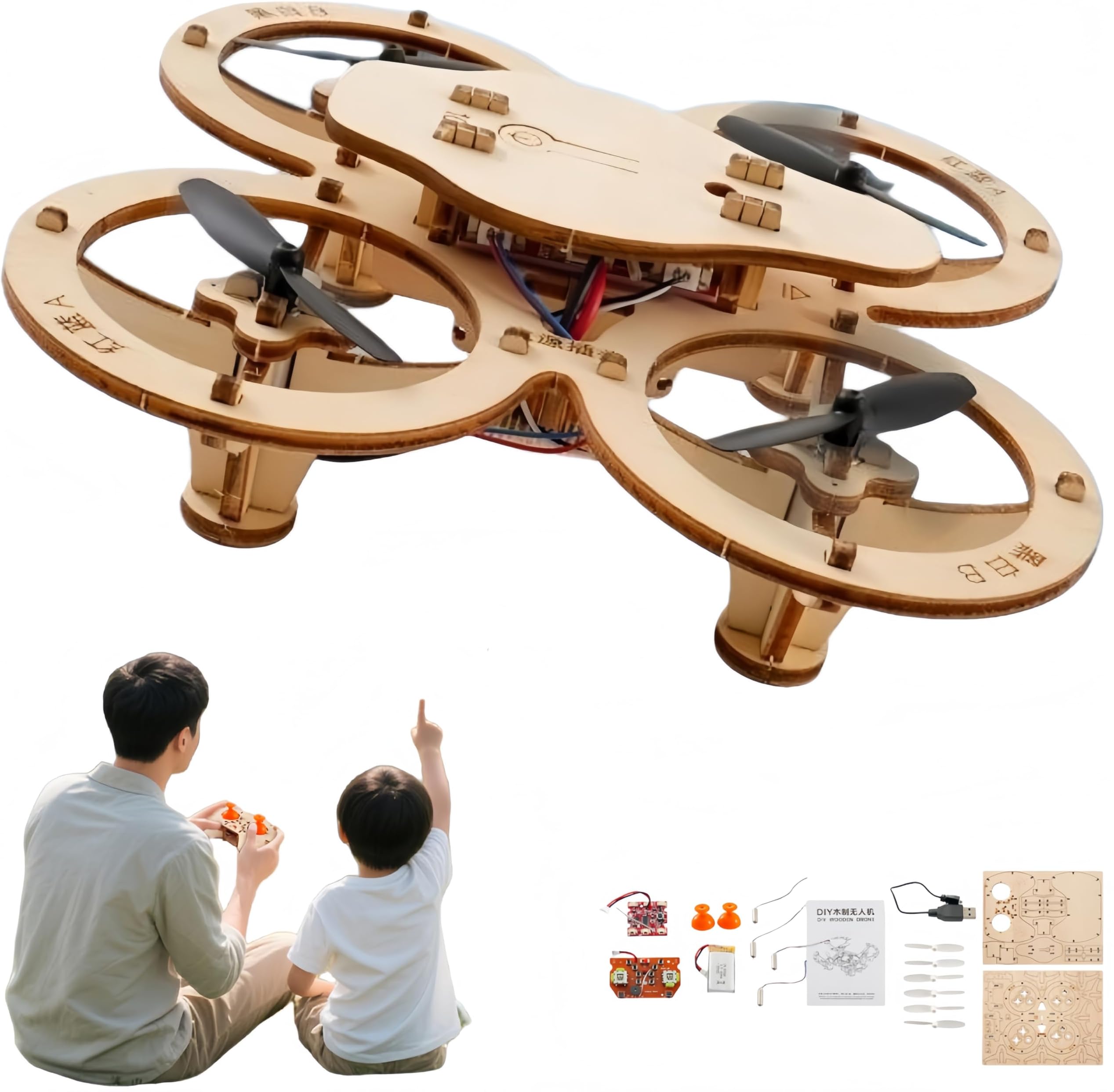 DIY Wooden Drone Model Kit, RC Quadcopter Building Kits with 4-Axis Flight, Mini Drone RC Quadcopter Building Educational Science Kits for Kids or Beginner