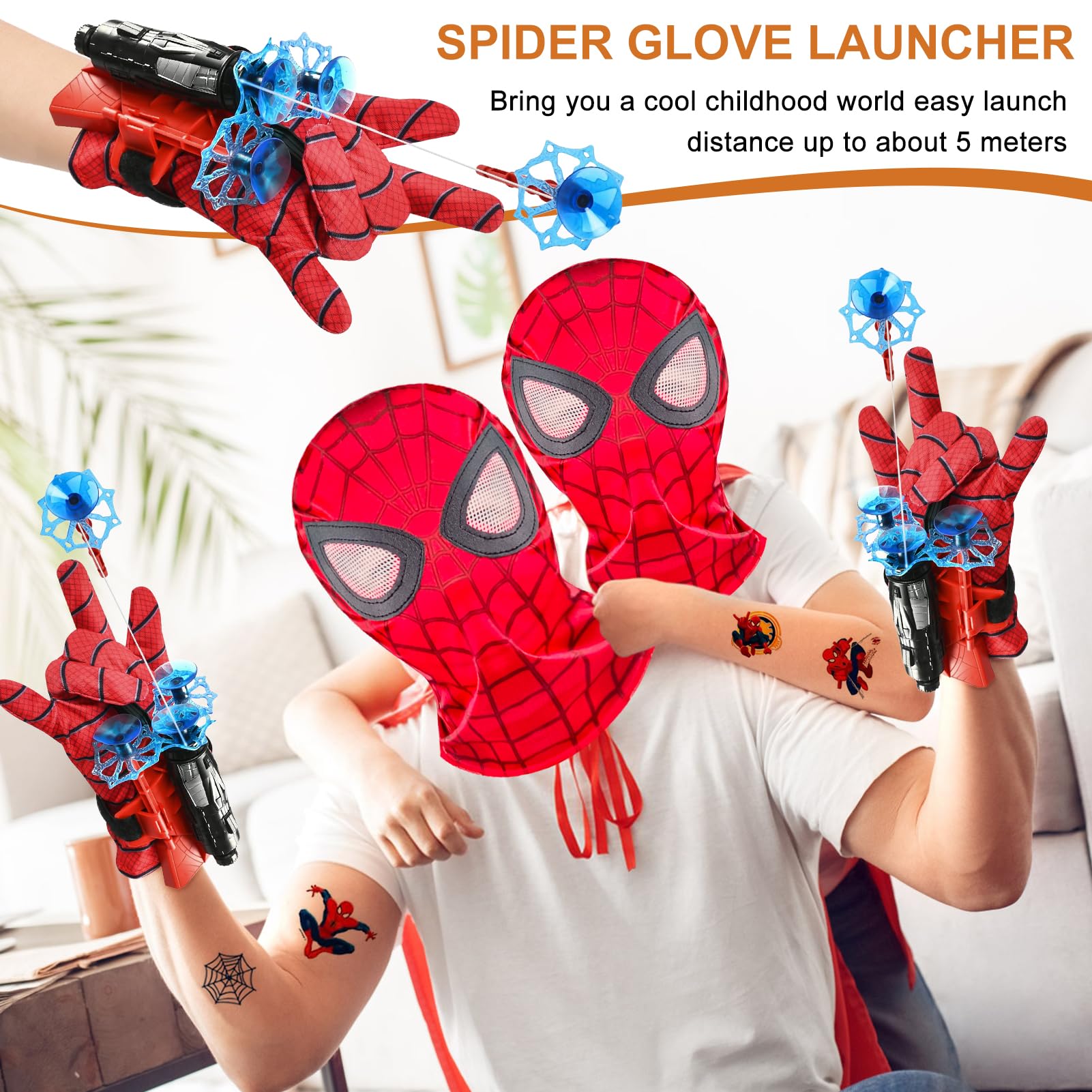WAIMXDAO Spider Glove Launcher Set, Guanti Spider Bambino con Spider Maschera e Spider Tatuaggi, Guanti Launcher per Giochi, Guanto Lanciatore per Spider, Cosplay Giocattoli da Polso Set (A)