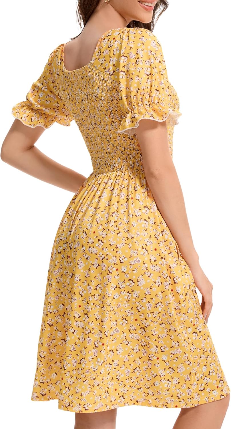 Womens Summer Dress- Square Neck Puff Sleeve Smocked Ruffle Hem A-line Mini Short Dresses - Image 5