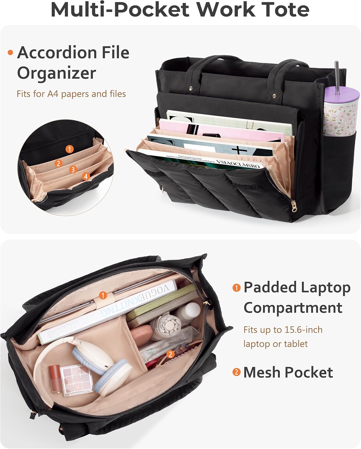 Teacher Tote Bag with Lunch Compartment and Accordion Organizer, Insulated Work Lunch Bag Fits for 15.6” Laptop for Women, Black - Image 4