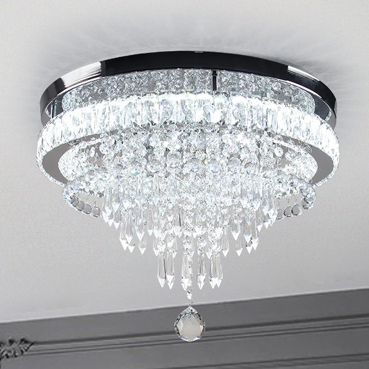 FRIXCHUR Crystal Ceiling Light Fixture LED Chandelier 19.7in Cool White Model