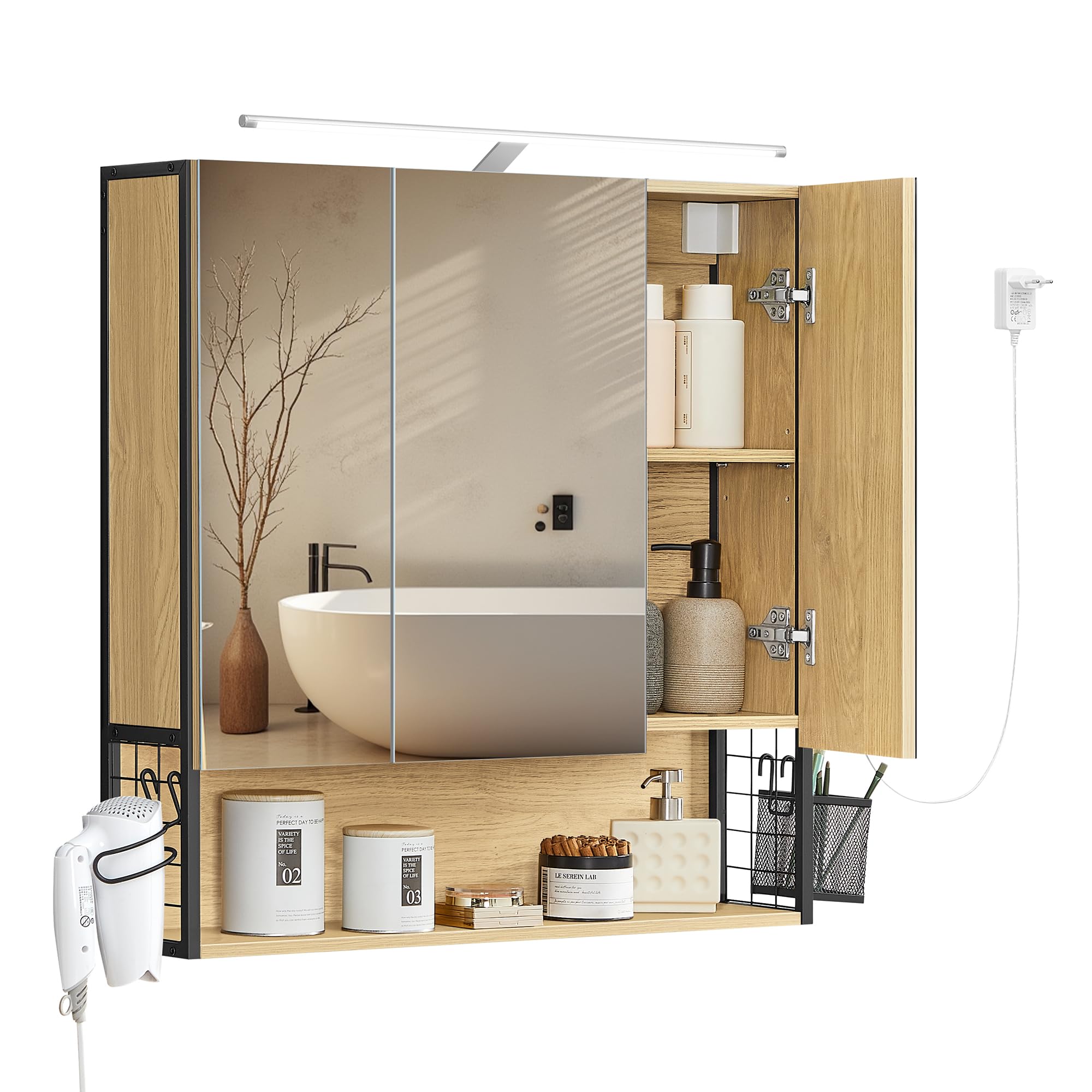 VASAGLE Spiegelschrank Bad mit Beleuchtung, 14,5 x 70 x 70 cm, Stecker, Hängekorb, Haartrockner-Halter, Spiegelschrank, Badschrank, Wandschrank, für Badezimmer, natureichenfarben BBK124Y01