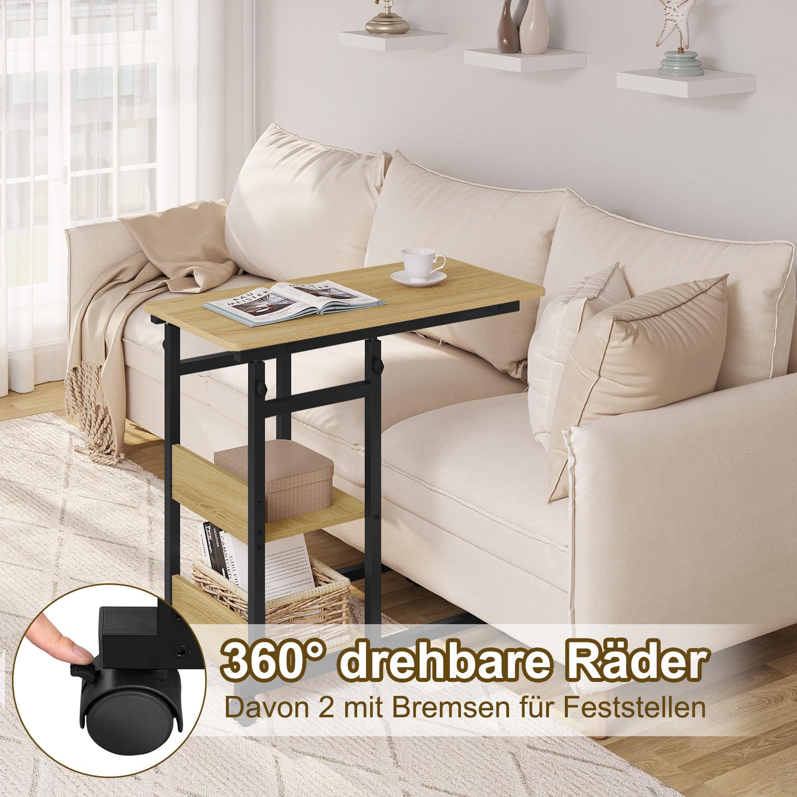 WOLTU Beistelltisch Couchtisch Sofatisch Wohnzimmertisch Laptoptisch Betttisch, C-förmig höhenverstellbar, mit Rollen, aus Metall Holzwerkstoff, helle Eiche + Schwar, BTS08hei