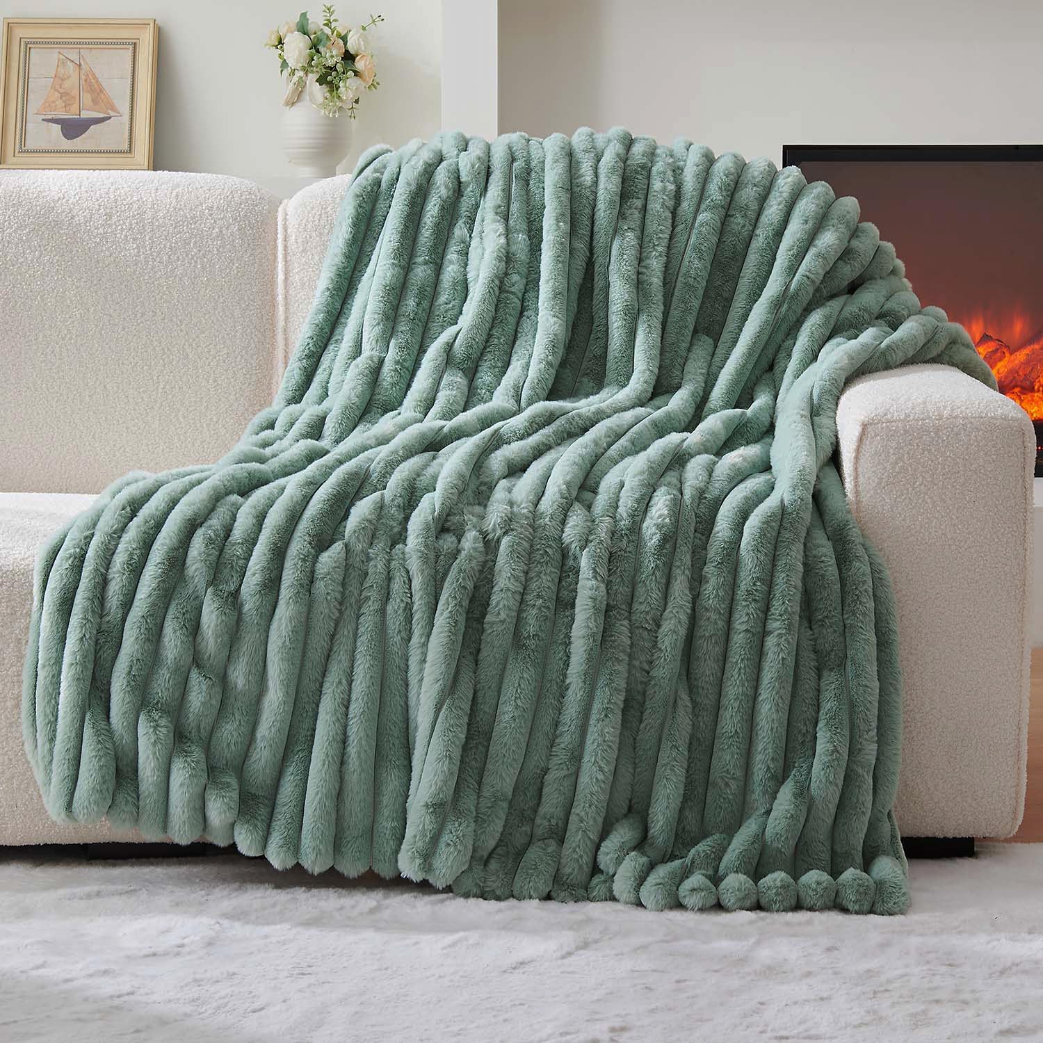 Lotus Karen Faux Fur Twin Blanket for Couch, Cozy Soft Fluffy Fuzzy Sage Green Blanket, Striped Warm Thick Furry Plush Shaggy Small Blankets for Women, 60x80 Inches
