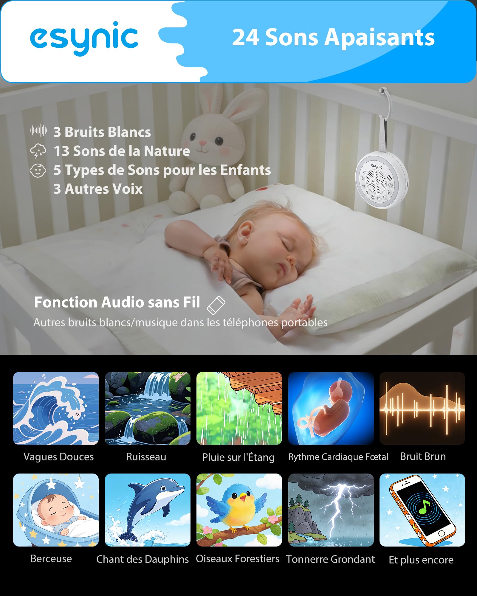 eSynic Machine à Bruit Blanc Portable pour Bébé avec Capteur de Pleurs Interrupteur Indépendant 24 Sons Apaisants Luminosité Volume Réglable Veilleuse Bruit Blanc Bébé Enregistrement Vocal Minuteries