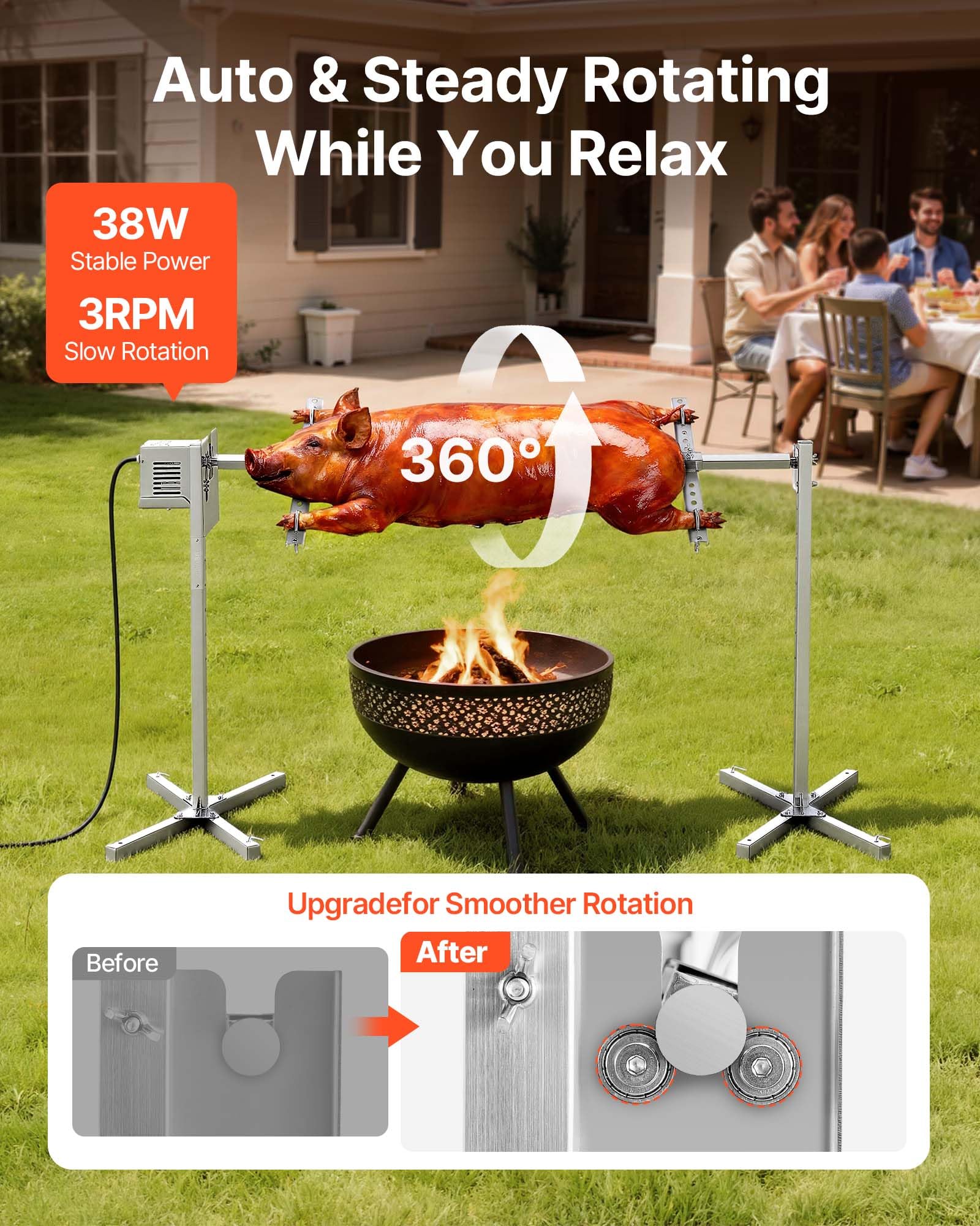 VEVOR Griglia per Arrosto da Barbecue da 1321 mm, AC 220-240 V, Set Griglia per Girarrosto Elettrico a 8 Stadi con capacità di Carico di 40 kg, Motore da 38 W, per Feste, Riunione di Famiglia