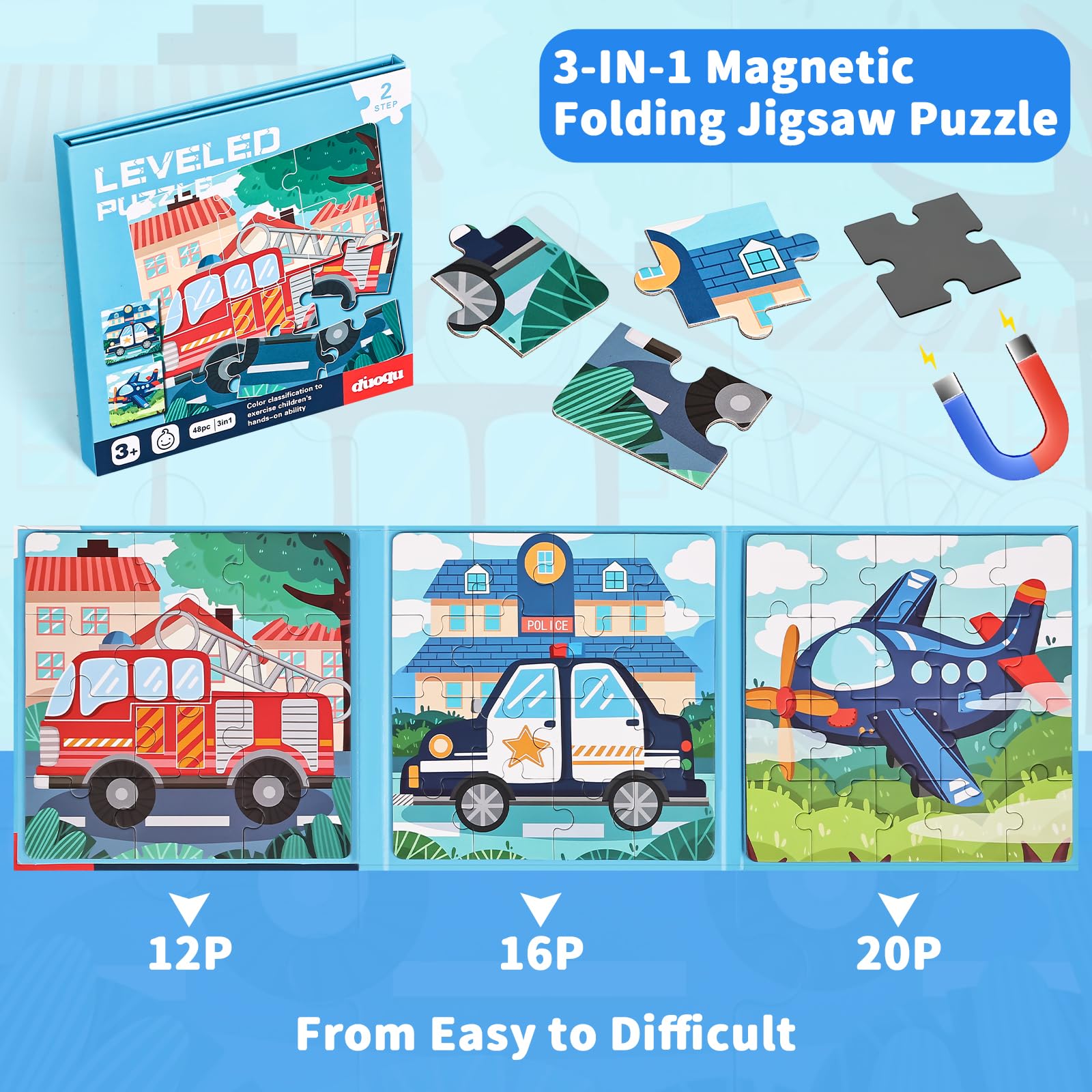 BBLIKE Puzzle Magnetici Bambini 2-5 Anni - Giochi Educativi Montessori per Bambini di 3 4 Anni, Giocattoli da Viaggio per Attività in Aereo e Auto, Regali Compleanno per Bambine (Trasporto)