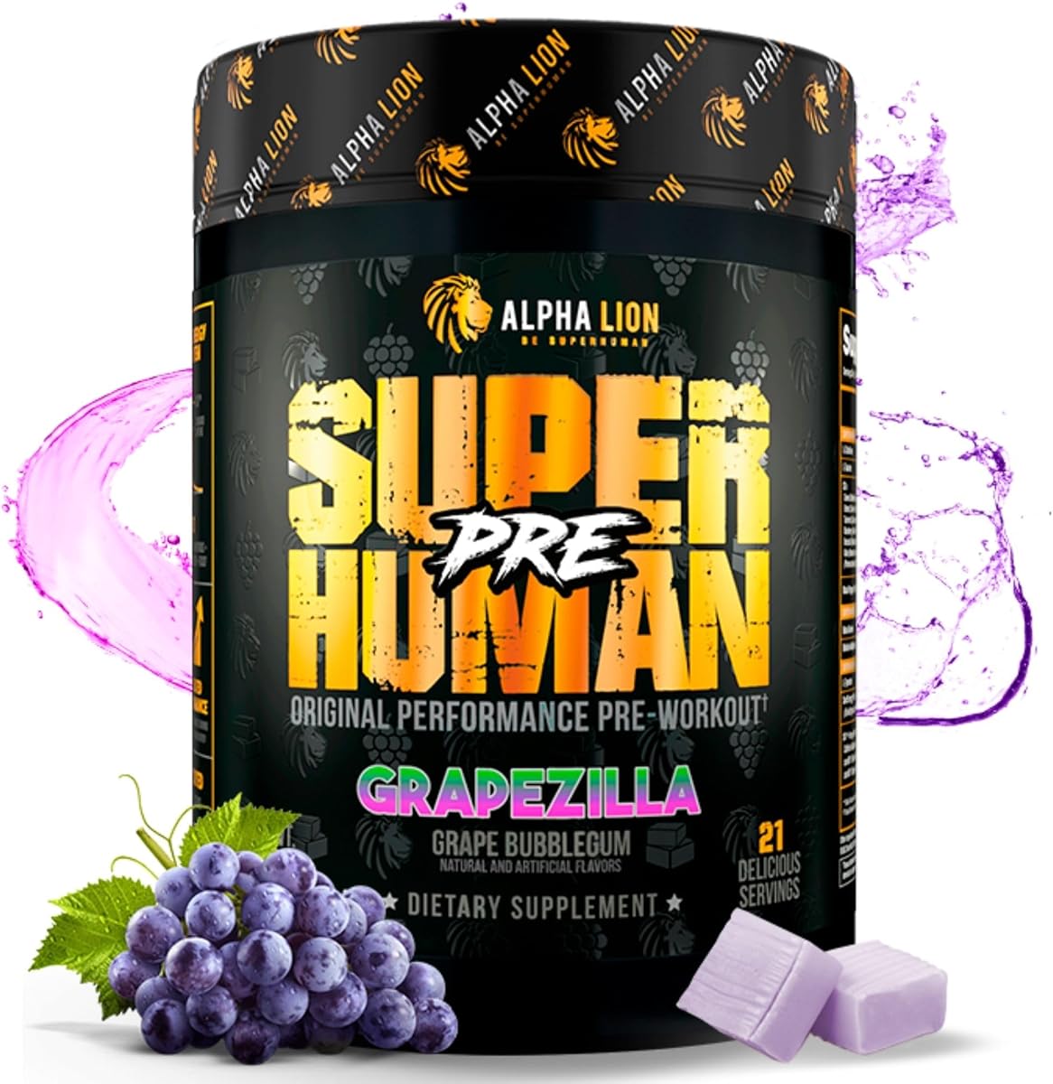 ALPHA LION Superhuman Pre Workout Powder, Beta Alanina, L-Taurina y Cafeína de Tres Fuentes para Energía y Enfoque Sostenidos, Óxido Nítrico y Citrulina para Bomba (21 Porciones, Grapezilla)