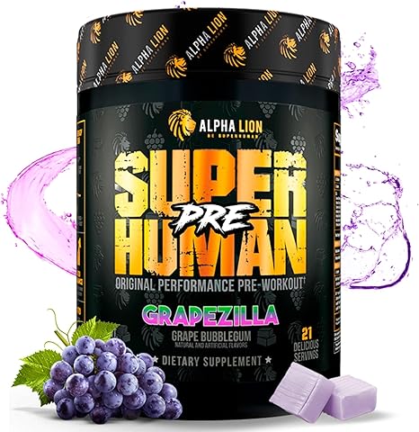 ALPHA LION Superhuman Pre Workout Powder, Beta Alanine, L-Taurine & Tri-Source Caffeine for Sustained Energy & Focus, Nitric Oxide & Citrulline for Pump (21 Servings, Grapezilla)