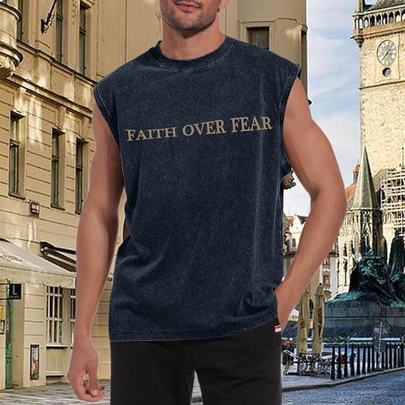 Mens Christian Sleeveless Shirts Faith Over Fear Graphic Tank Tops Gym Workout Acid Wash Tanks Cut Off Muscle Shirt