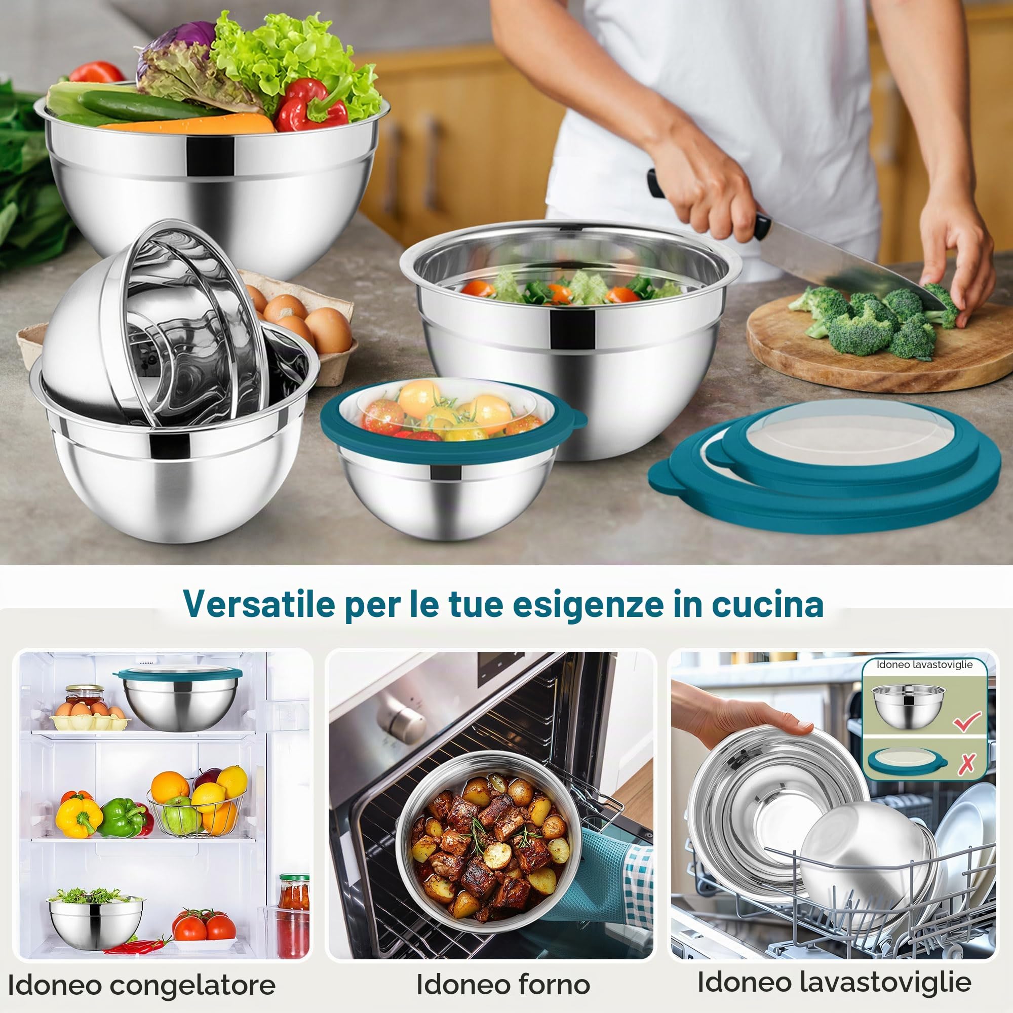 HaWare Set di 5 ciotole per insalata, in acciaio inox, con coperchio trasparente ermetico e 3 grattugie, per cucinare, 4,5 l, 2,8 l, 1,5 l, 1,2 l, 0,7 l, lavabile in lavastoviglie, blu