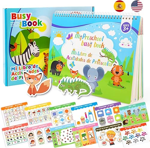 Libros ocupados en español e inglés para niños pequeños - Libro de actividades preescolares bilingües para niños de 3, 4, 5 años, actividades