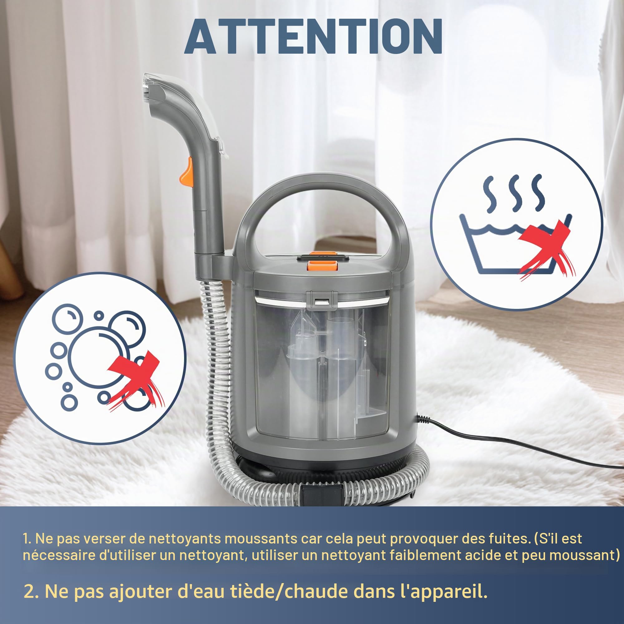 Nettoyeur de tissus d'ameublement 400 W, 12 kPa – Aspirateur portable avec système à 2 réservoirs, nettoyant pour tapis et détachant pour canapé, tapis, voiture, lit et tapis
