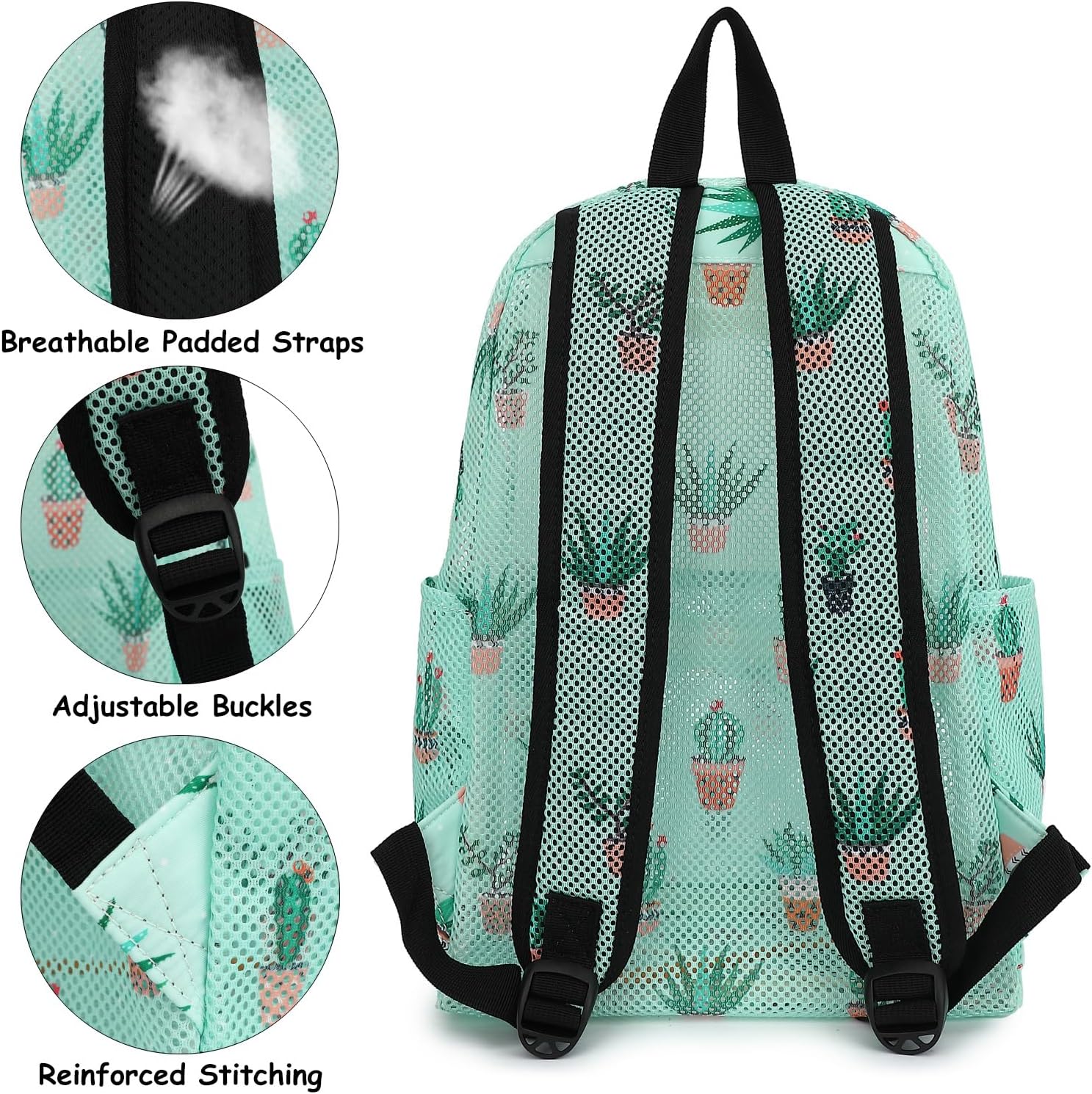 Mesh School Backpack for Girls Women, Heavy Duty See Through College Bookbag School Bag with Storage Bag (Cactus)