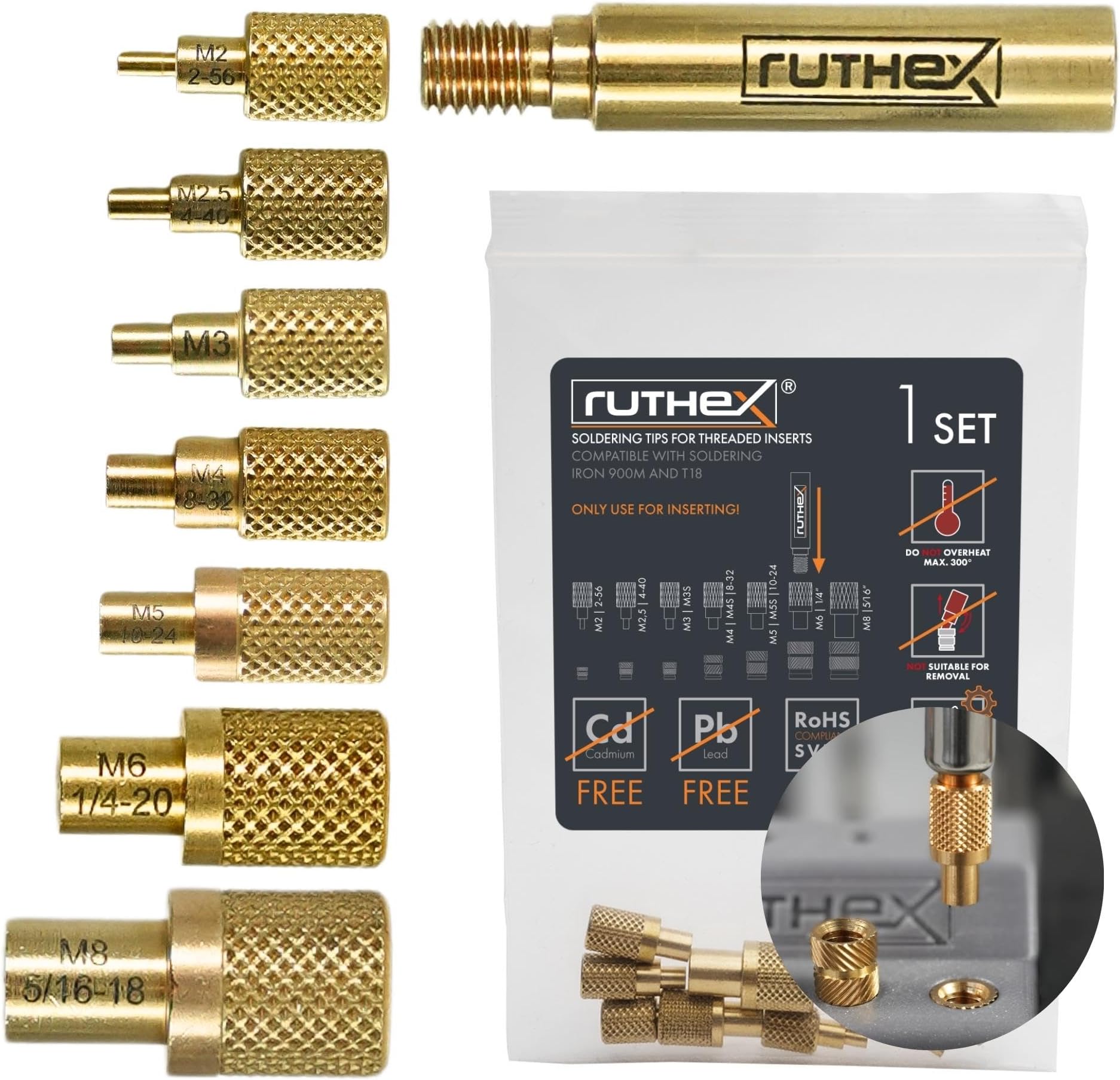 ruthex 7x Soldering Tip/Heatset Insert Tip - Thread Inserts M2 / M2.5 / M3 / M4 / M5 / M6 / M8 - #2-56 / #4-40 / #8-32/ #10-24 1/4 Inch and Soldering Iron Adapter 900M / T18