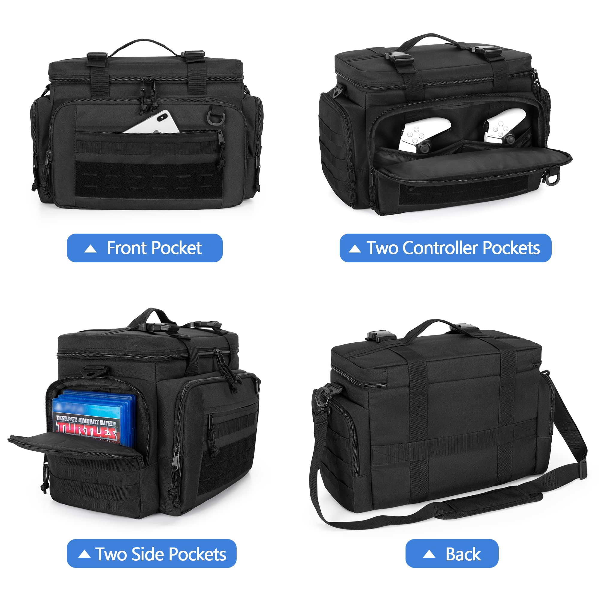 PGmoon Bolsa de transporte compatible con PS5/PS5 Pro/PS4/Xbox, bolsillo táctico para controladores, consola de viaje con compartimentos para portátiles de 15,6 pulgadas | Bolsa de transporte con varios compartimentos para portátiles de 15,6 pulgadas, con