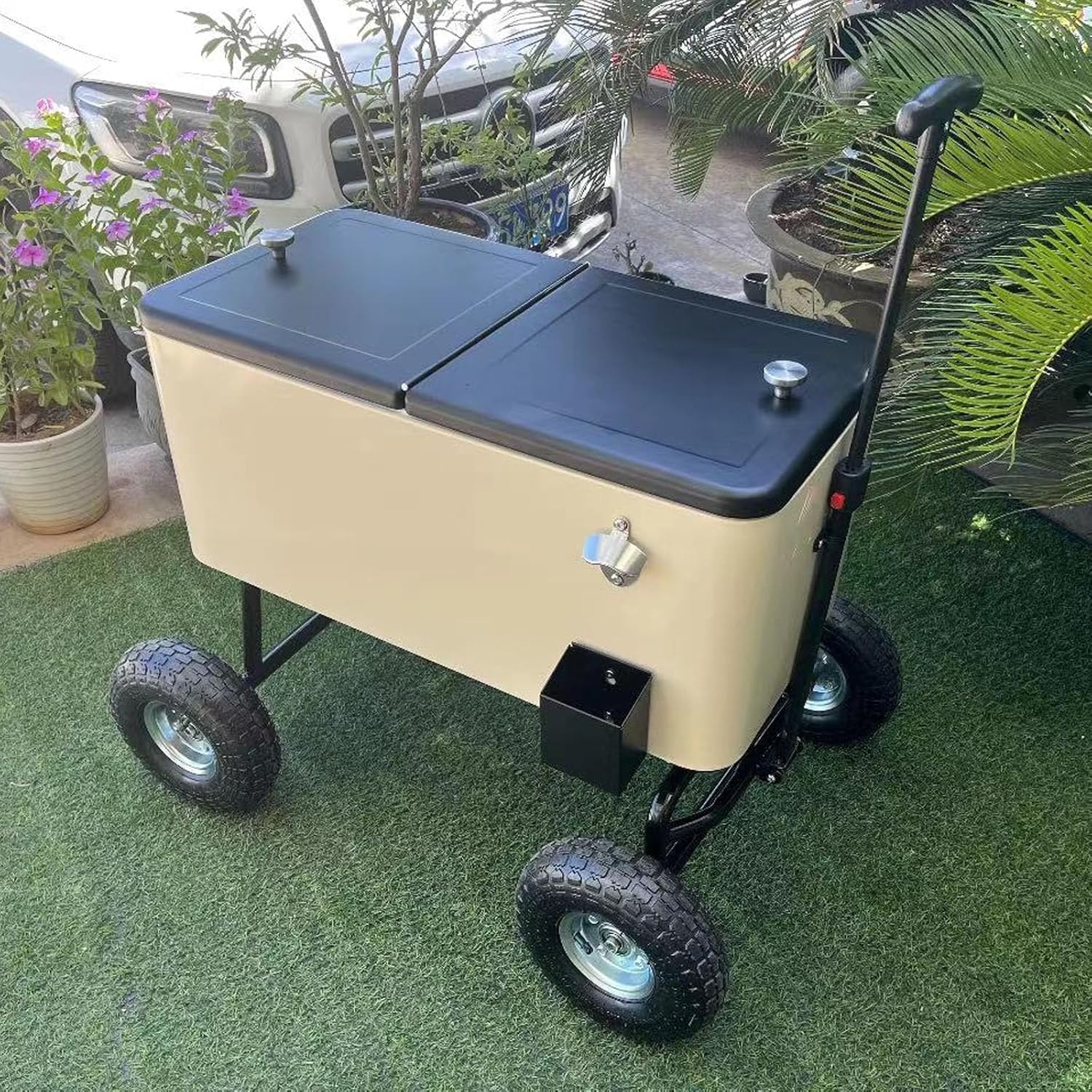 75L Outdoor Cooler with Locking Wheels, Bottle Opener, Drain Plug, Patio Beverage Bar Cooler Trolley Ice Chest for Party Cookouts