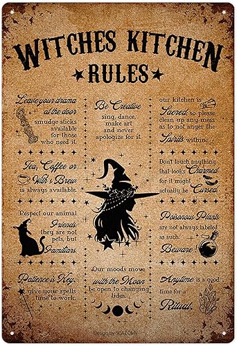 Letreros de metal con reglas de cocina de brujas, decoración vintage de brujas, decoración de cocina, fiesta de Halloween, decoraciones retro para