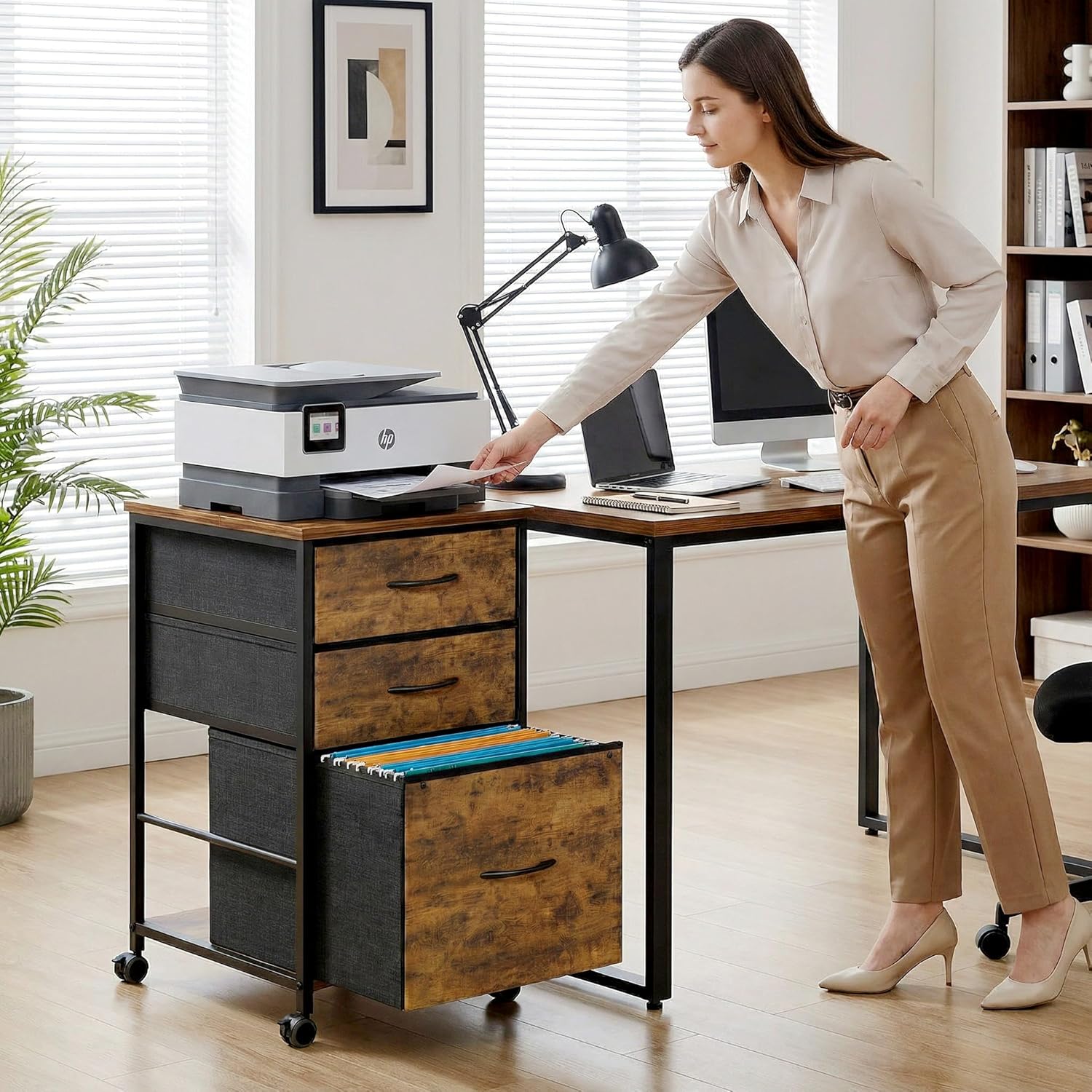 Mobile File Cabinet with Fabric Drawer,Rustic Brown File Cabinets for Home Office, Rolling Printer Stand with Storage, Filing Cabinet fits A4 or Letter Size for Home Office