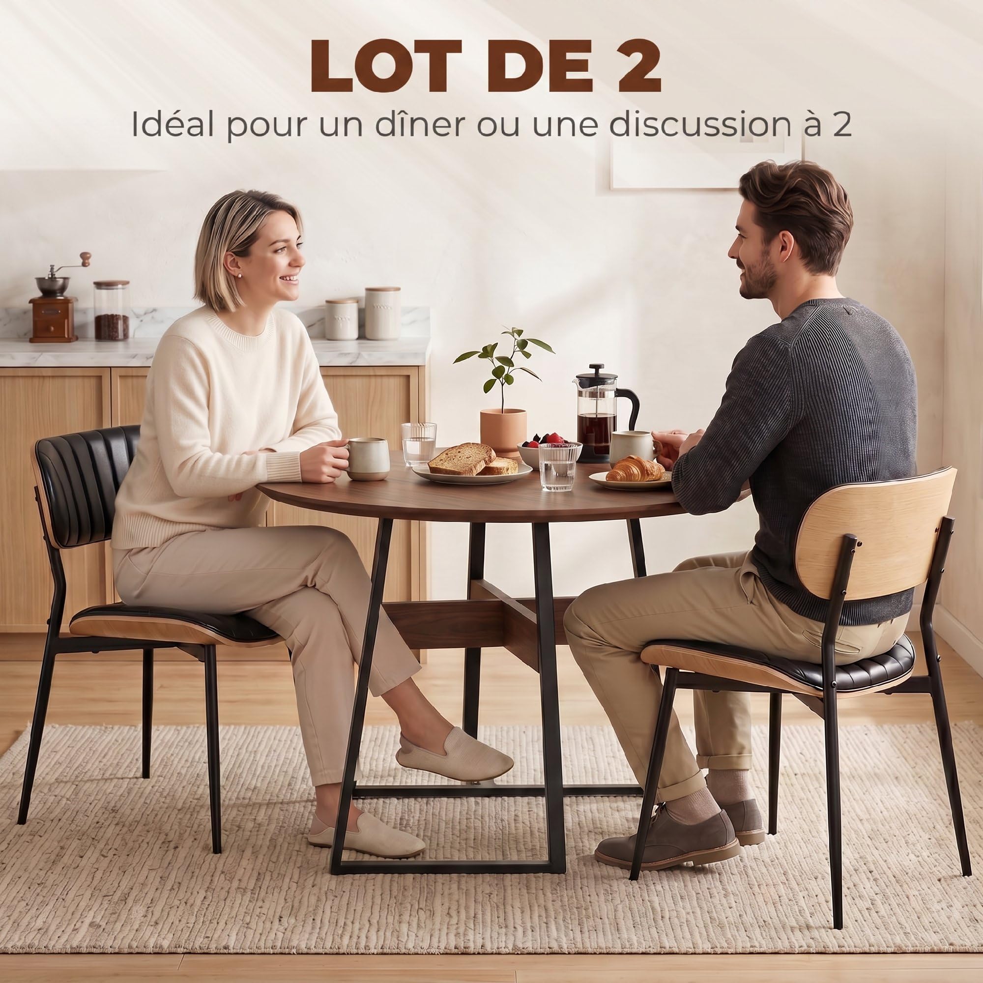 HOMCOM Lot de 2 Chaises de Salle à Manger Assise en PU Noir et Bois Naturel