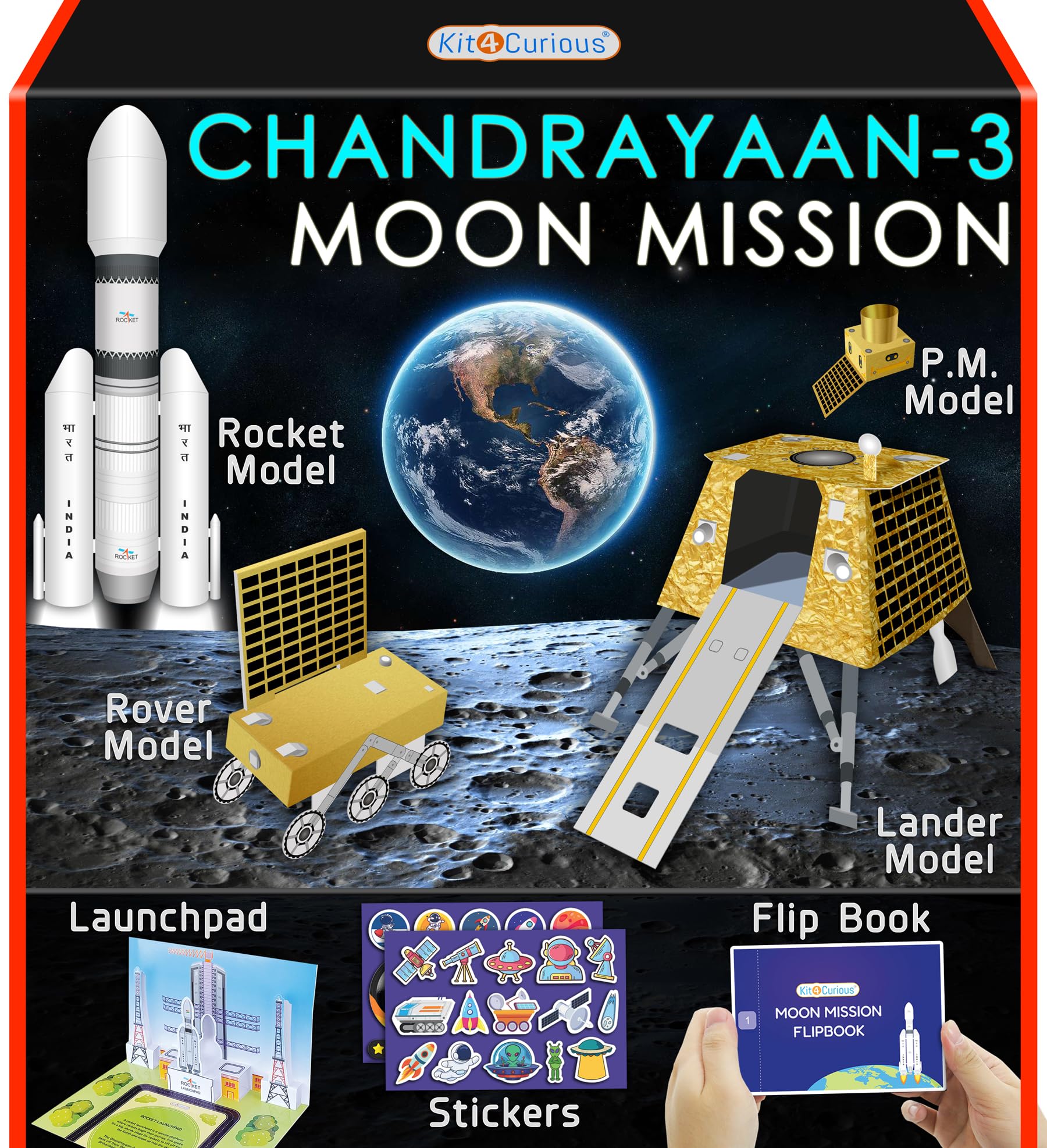 Kit4CuriousChandrayaan-3 Moon mission Complete Kit – Rocket, Lander, Rover, Satellite making DIY kit with Colorful info graphics, 3D Rocket Launchpad, Space stickers, Flipbook – Educational Space