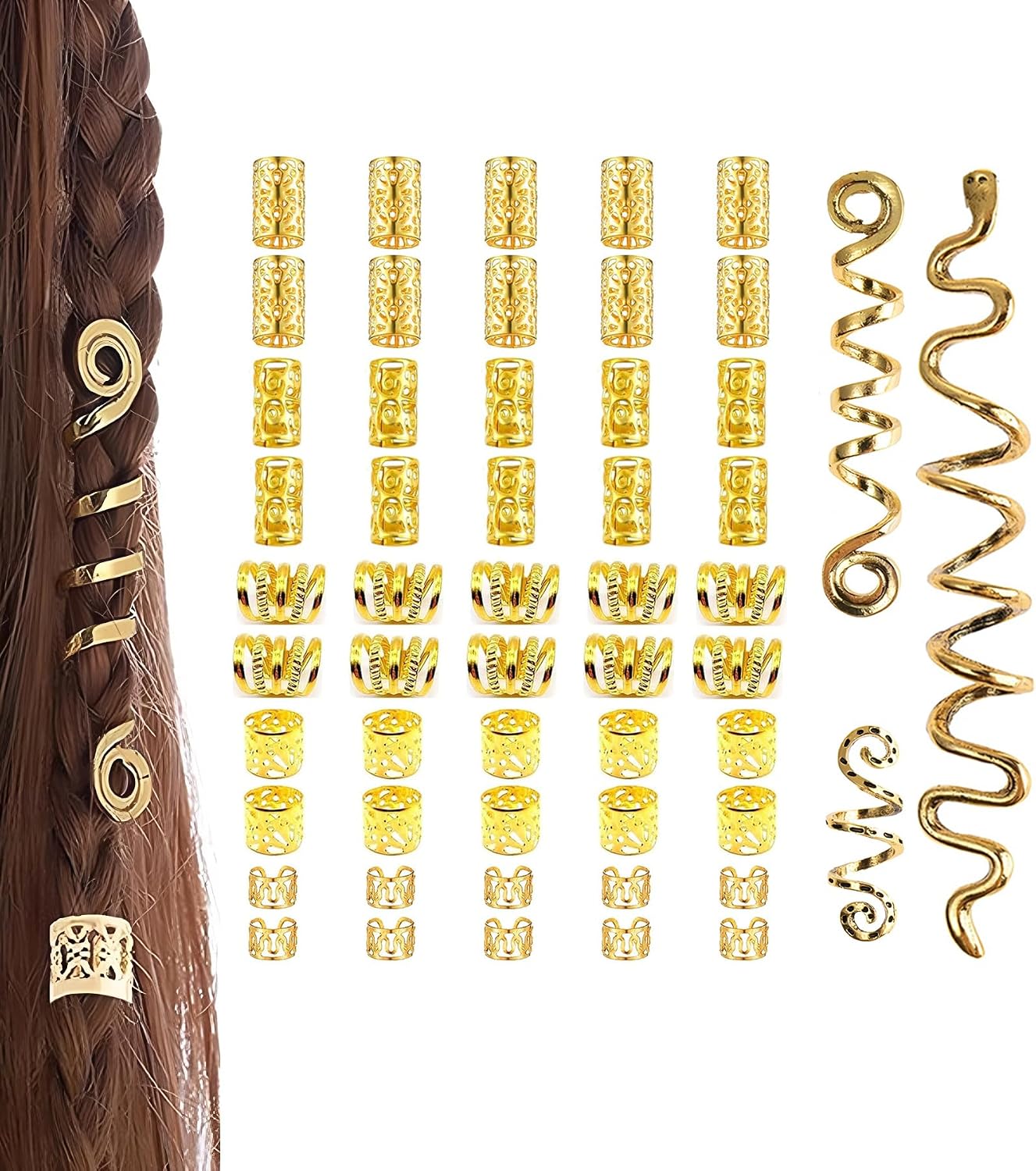 Pirate Jewelry 50 Pcs Gold Hair Cuff Set for Women Exquisite Loc Hair Jewelry for Braids Dreadlocks Halloween Pirate Metal Hair Braided Clips Rings Decoration Renaissance Accessory