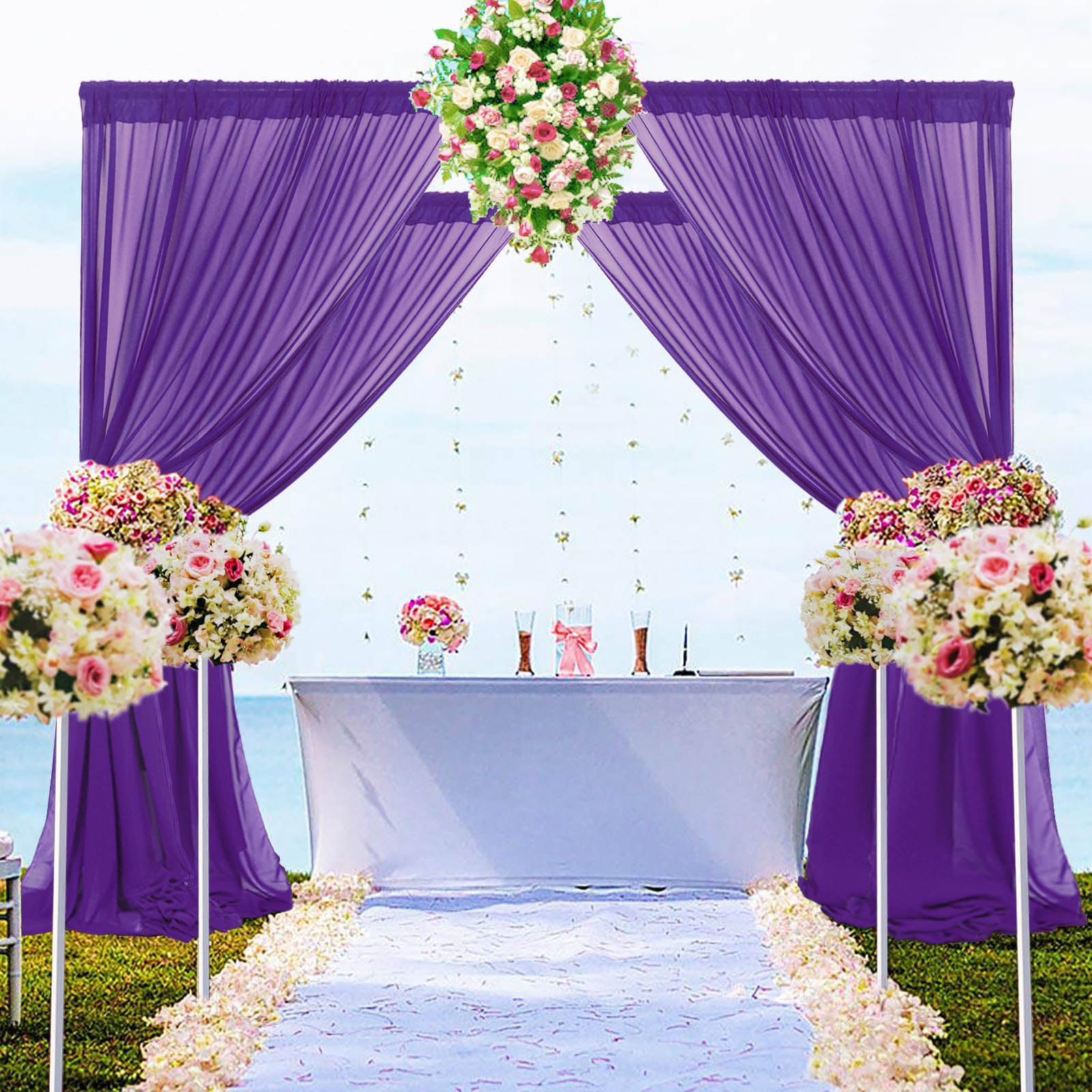 DUOBAO Purple Chiffon Backdrop Curtain 2 Panels 5FT x 10FT Wedding Backdrop Drapes Royal Purple Sheer Curtains for Living Room Voile Window Curtain