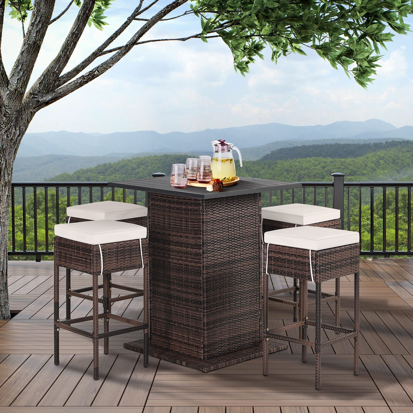 GIANTEX Ensemble de bar extérieur en rotin 5 pièces, table et 4 tabourets hauts avec coussins amovibles