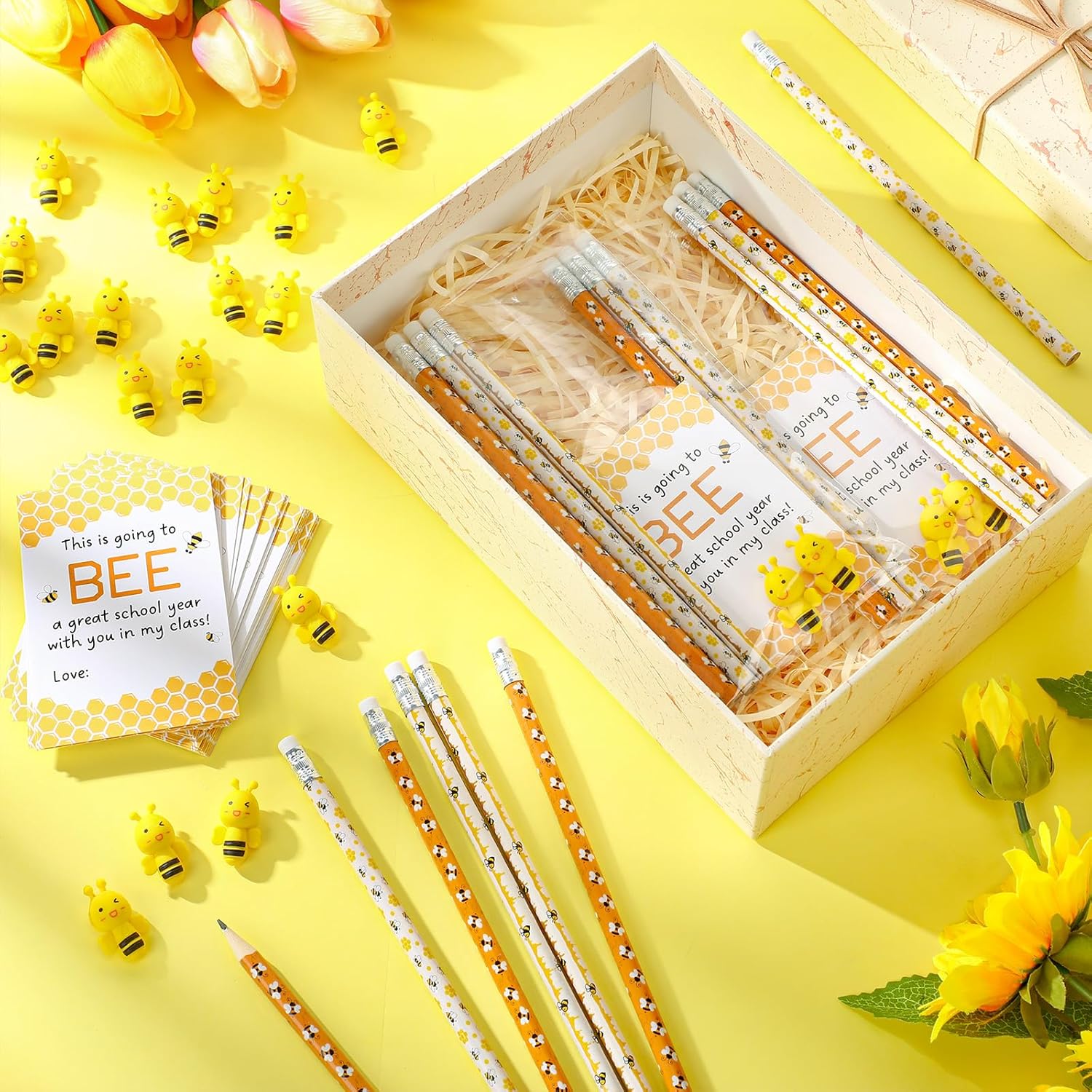 Fuyoooo 180 Pcs Back to School Gifts for Students Cute Bee Pencils Students Erasers 3D Bee Erasers Welcome Greeting Cards with Bags Classroom Gifts Back to School Stationery Supplies