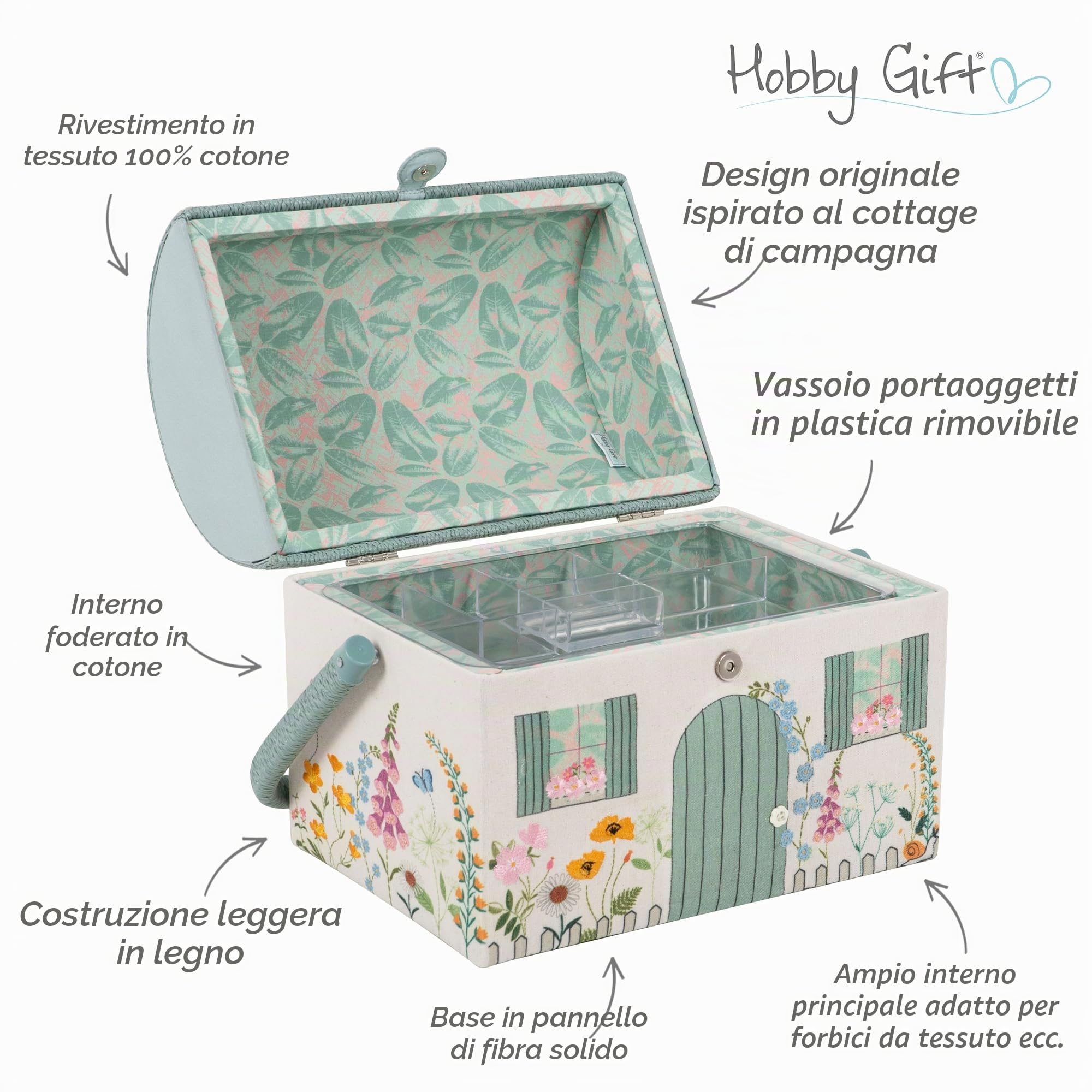 Hobby Gift Scatola da cucito ricamata - Stile cottage di campagna con motivo floreale, tetto e maniglia in vimini, include vassoio interno in plastica con scomparti per artigiani creativi 21x30x26cm