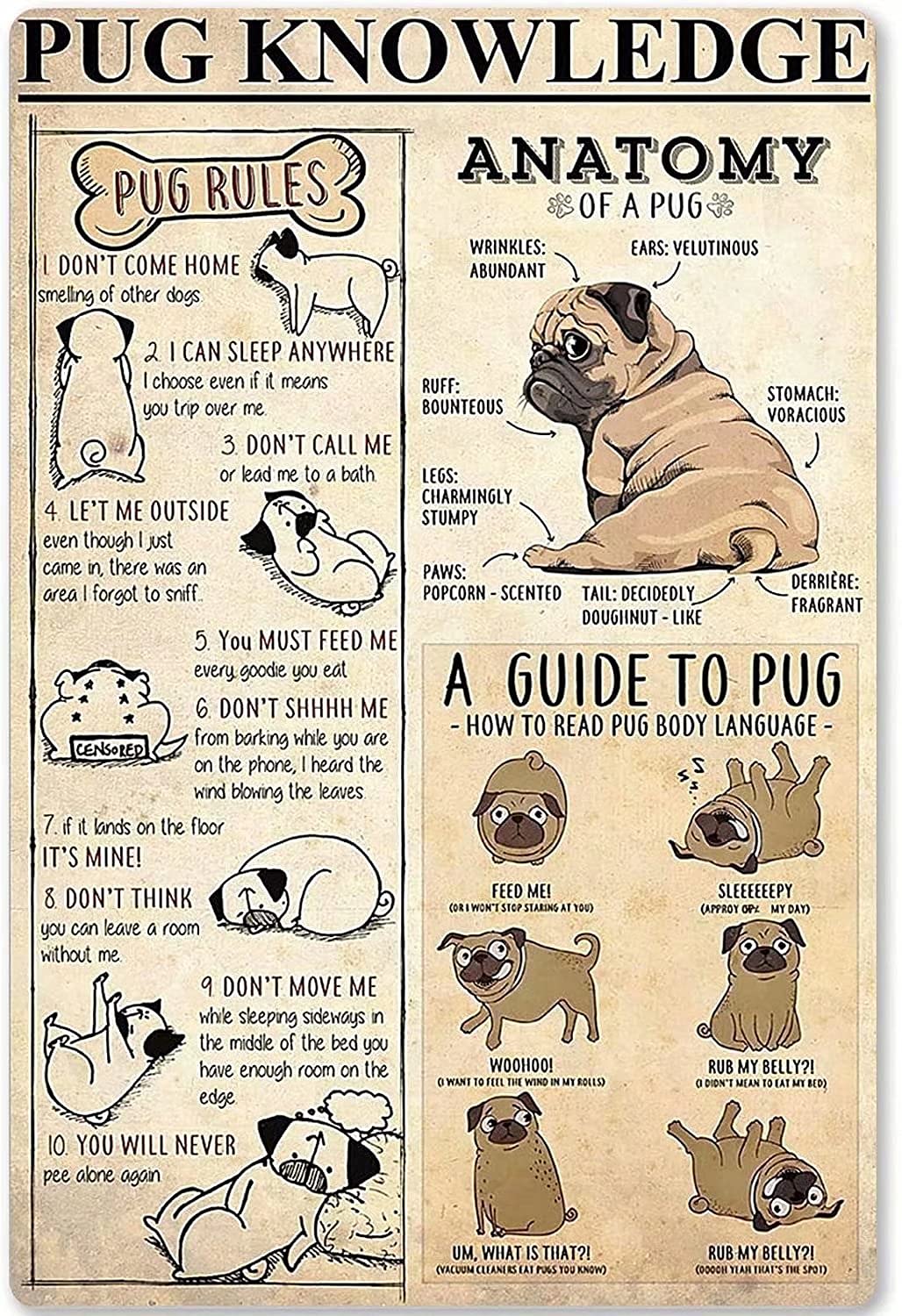 Amazon.com: Pug Dog Knowledge Metal Tin Sign,Anatomy of A Pug Aluminum  Metal Home Bar Sign Cafe Farm Room Metal Poster Interesting Wall Decoration  8X12 Inches : Patio, Lawn & Garden
