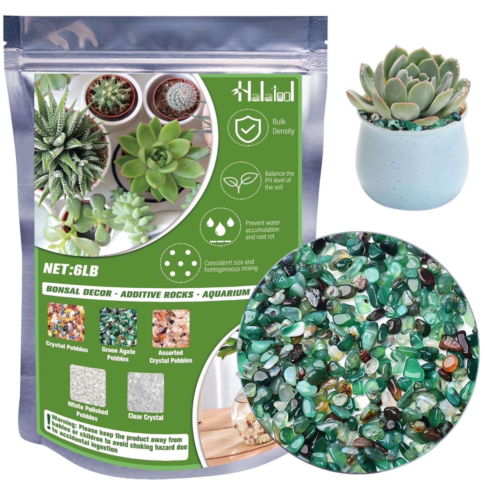 Halatool 6LB Green Pebbles 0.35"- 0.6" Aquarium Gravel for Fish Tank Natural Landscaping Pebbles for Home Decor Decorative Polished Stones for Succulents Potted Plants DIY Handmade & Vase Filler