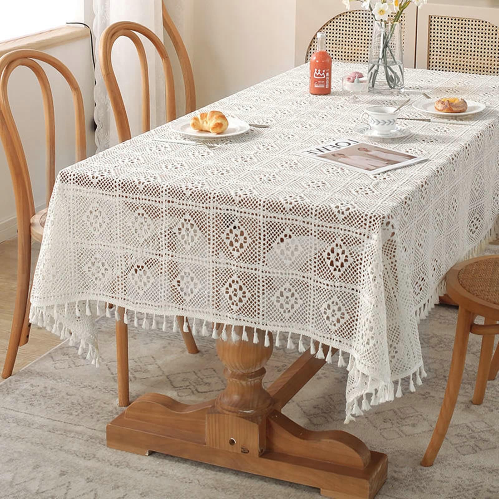 Gualiy Manteles Mesa Rectangular, Poliéster Algodón Manteles Mesa de Cocina 140x160CM Mantel Antimanchas Tejido Hueco con Borlas Mantel para Mesa de Salon, Blanco