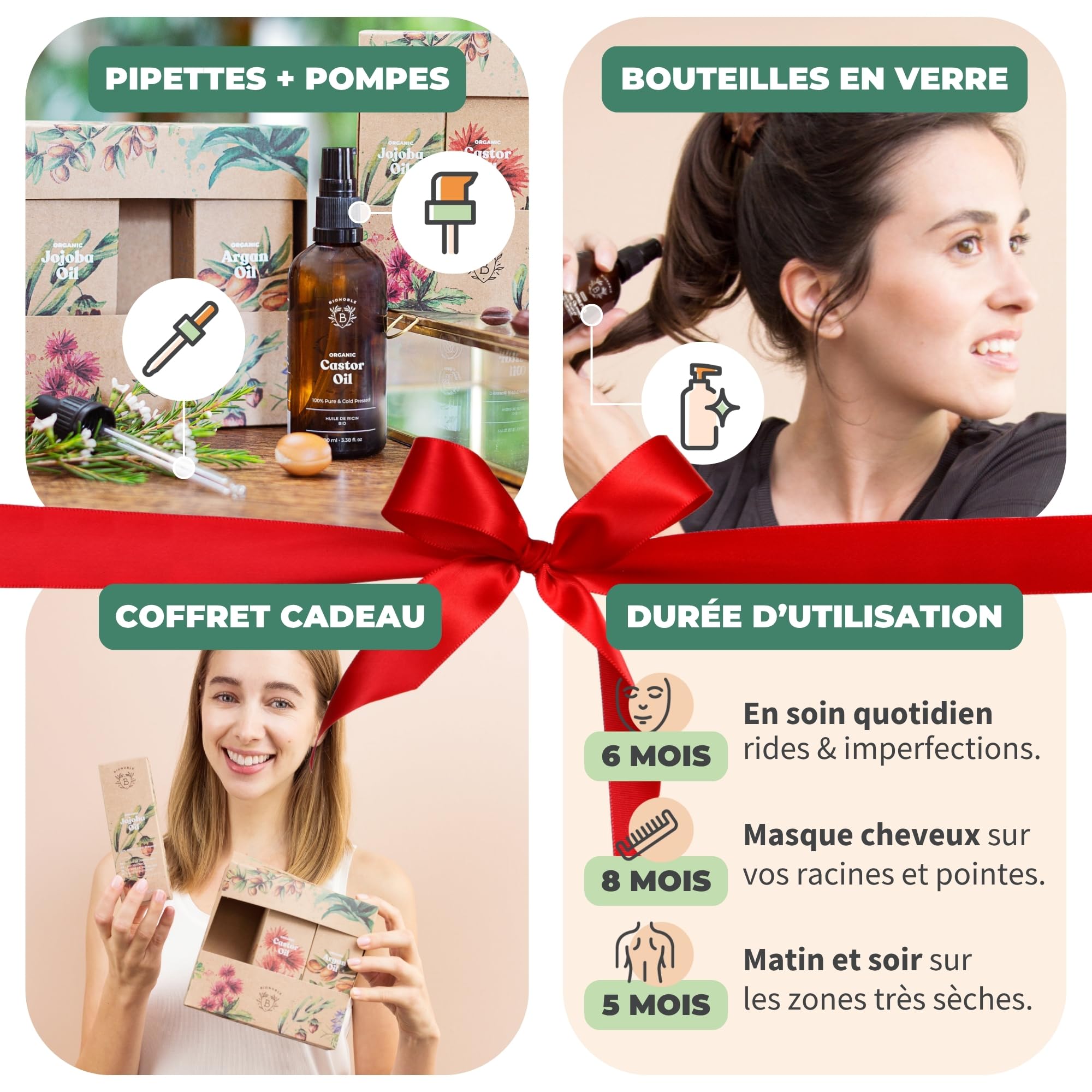 BIONOBLE Coffret Beauté Femme Bio - Huile de Ricin, Argan, Jojoba - 3x100ml | 100% d'Origine Naturelle, Vegan - Soins Visage, Corps, Cheveux - Coffret Cadeau Femme Bio, Idéal à Offrir - Flacons Verre