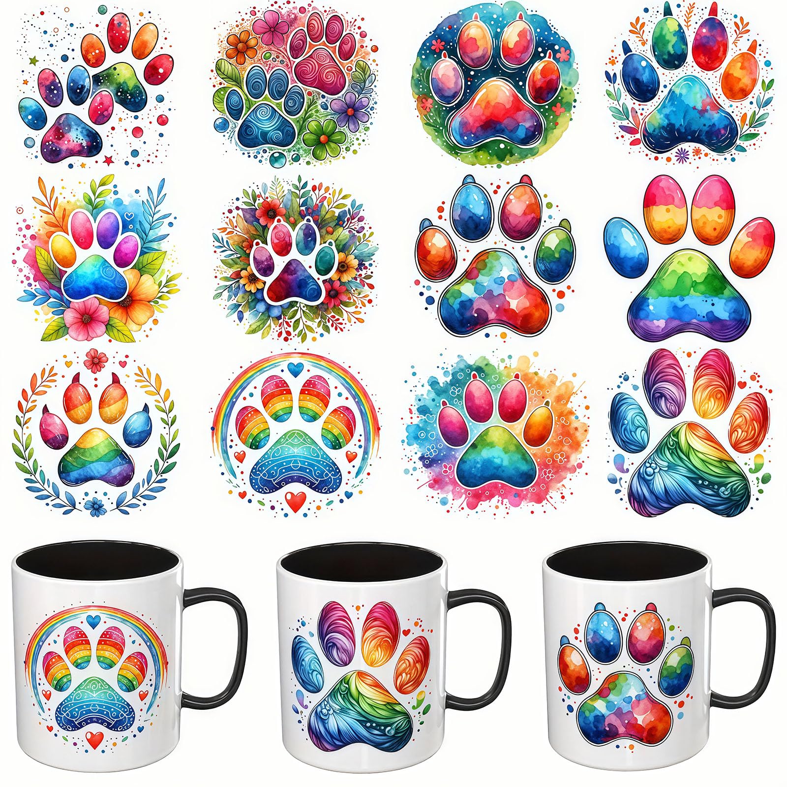 12pcs Paw Print UV DTF Cup Wraps Transfer Waterproof Sticker for Glass Cups Furniture Craft DIY Crafts，Rub on Transfer Stickers for DIY Water Bottle Laptop Decal Wood Car