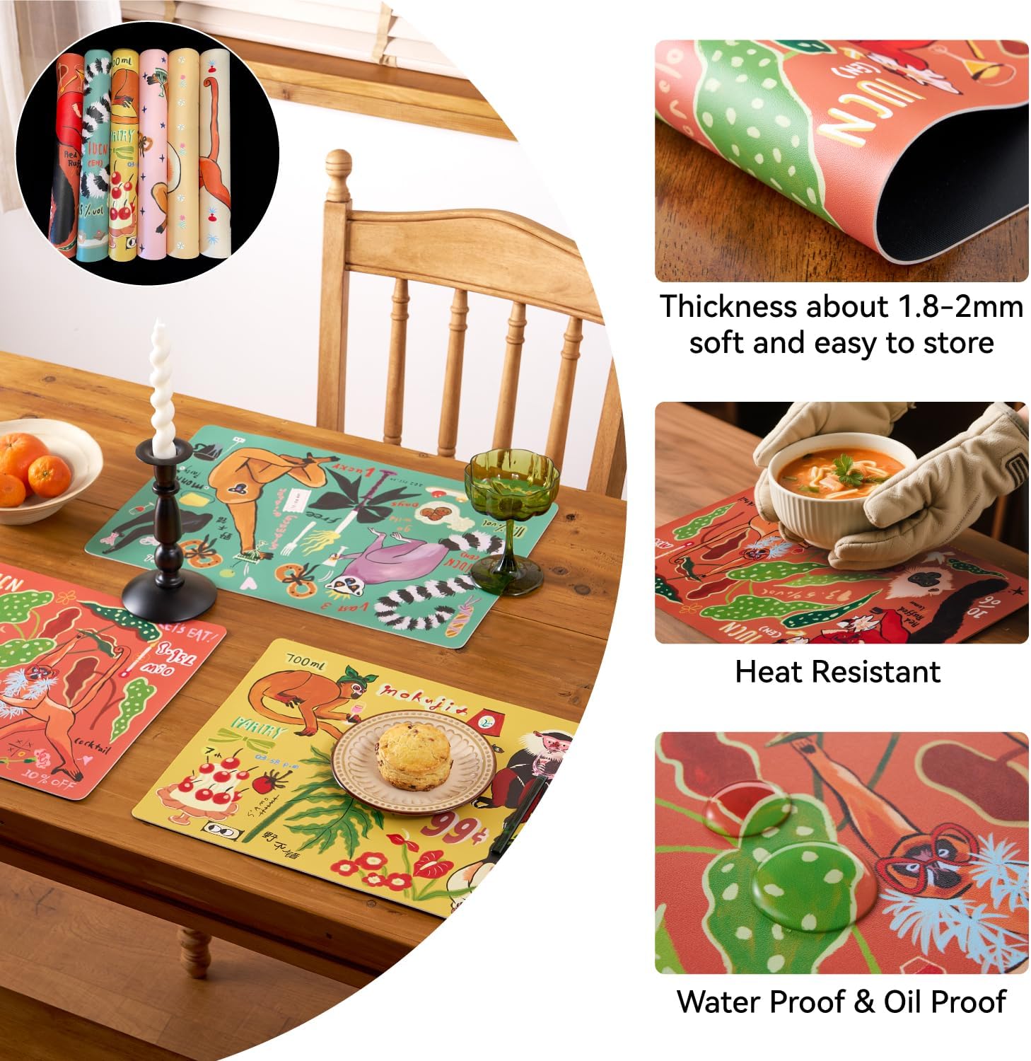 SAMCAM Artistic Faux Leather Placemats Set of 6, Waterproof Heat-Resistant Table Mats for Dining Coffee Office & Wall Art Decor, Colorful 17.7" x 11.8", Monkey Themes