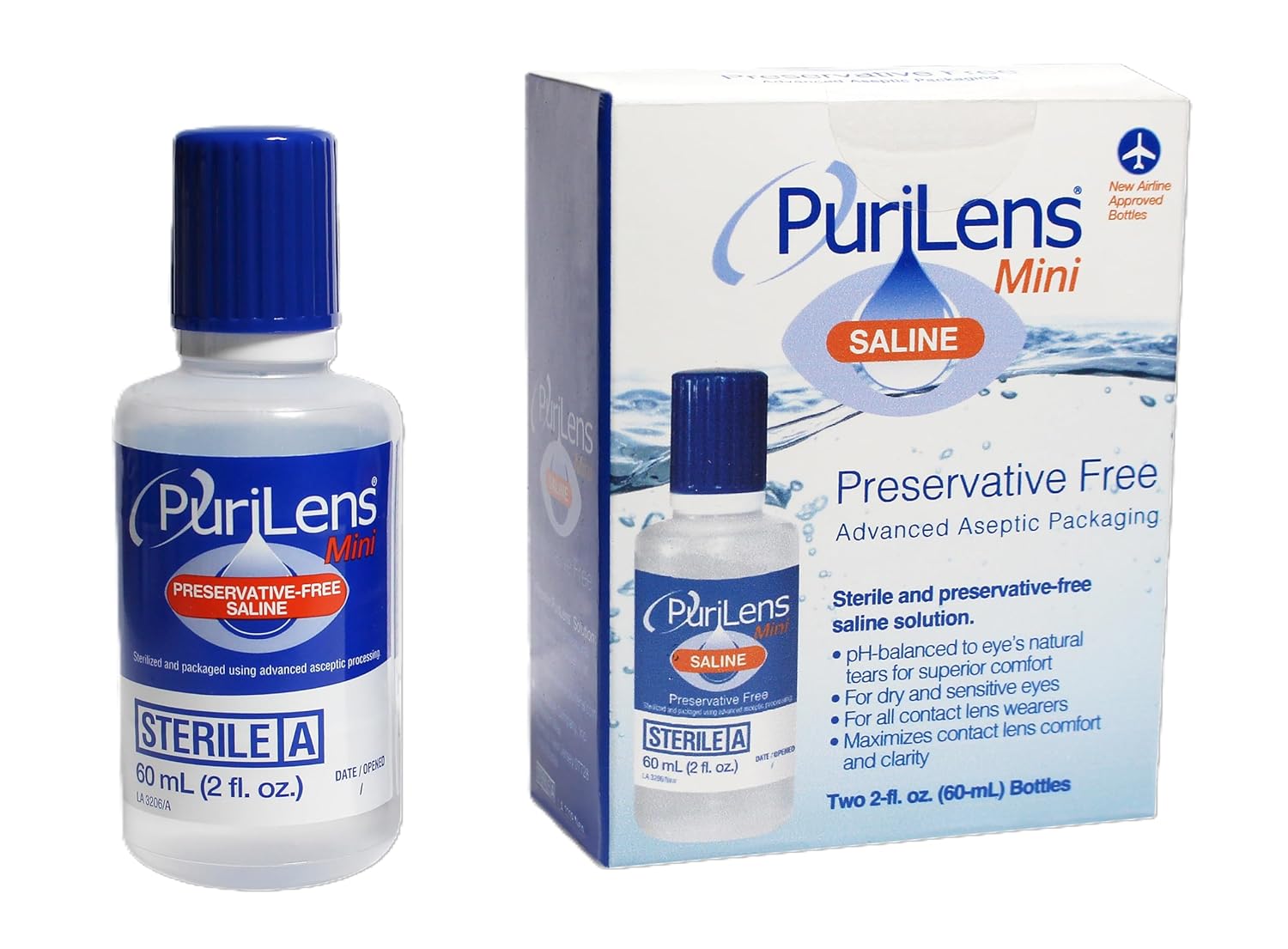 Purilens Mini Preservative-Free Contact Lens Saline 60ml 2 fl oz 2 Pack