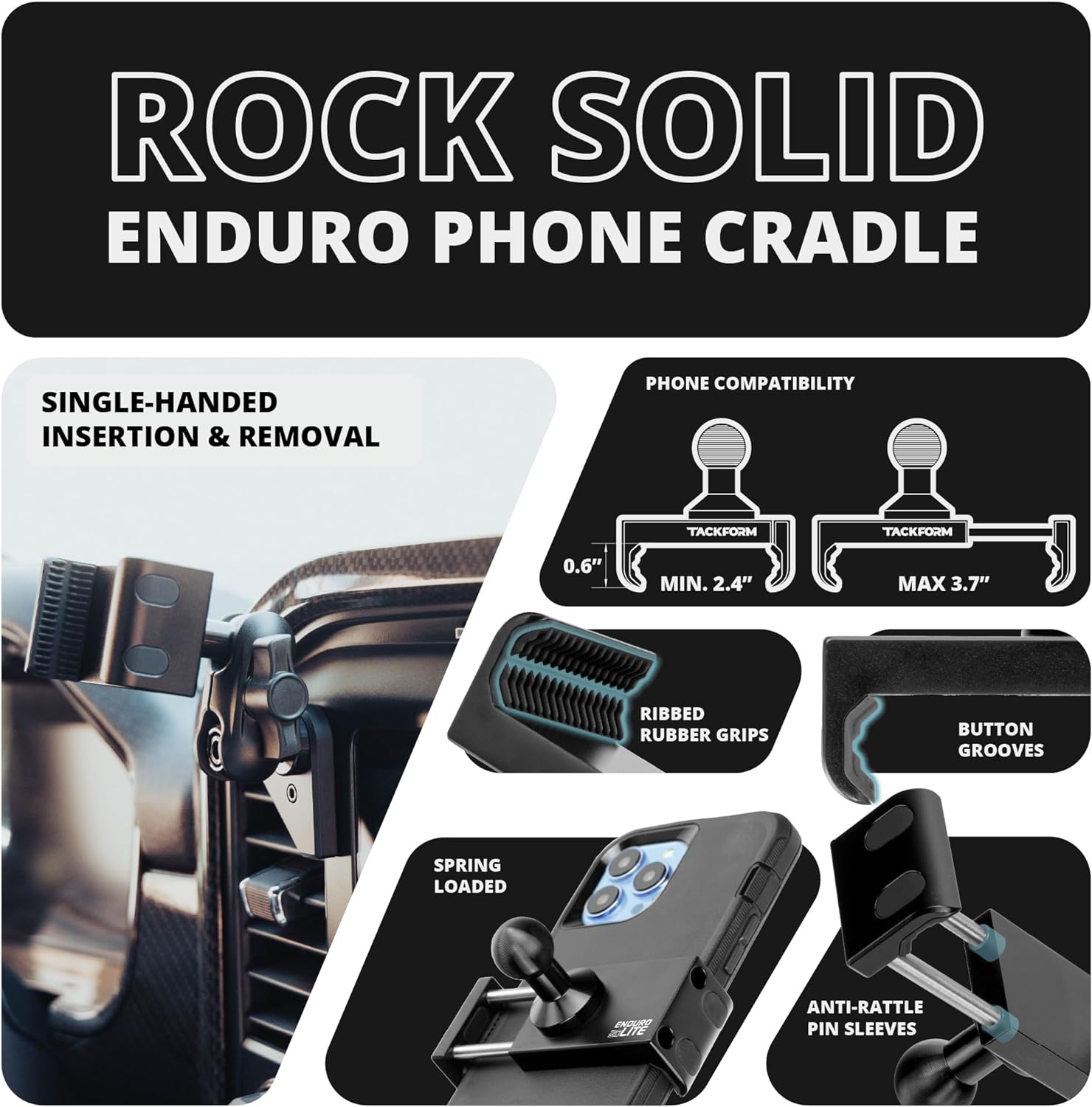 Tackform Link Vent Mount Universal Phone Holder - Compatible with 2021-2025 Ford F150 & Raptor, 2023-2025 Ford Super Duty | Aluminum | Zero Slip, Anti-Scratch | 2" Arm | Black