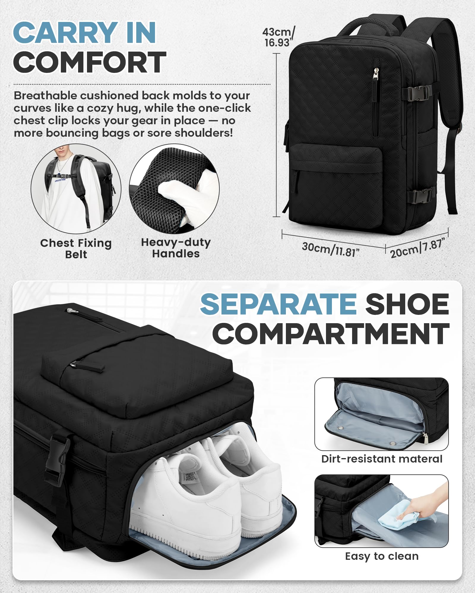 BJLFS Zaino Ryanair 40x30x20 Sottovuoto con Pompa Zaino da Viaggio Ryanair 40x20x25 Borse da Cabina per Wizzair Bagaglio a mano Easyjet 45x36x20 Sottovuoto Zaino Casual per Laptop 14 Pollici nero