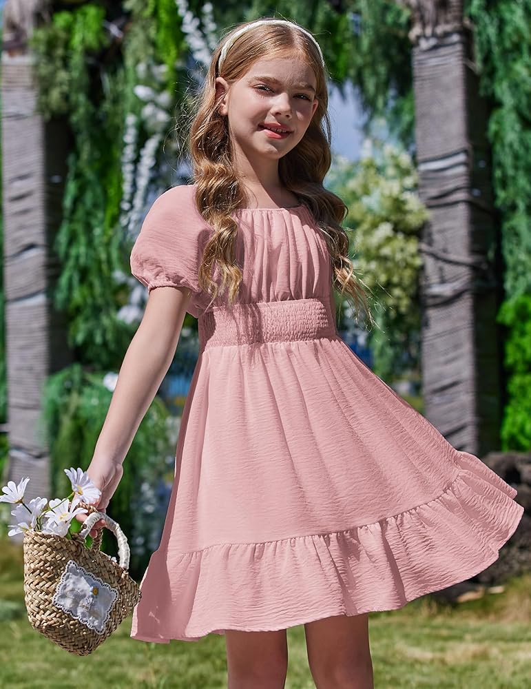 Arshiner Abito da Ragazza Tie Back Manica Corta Vestito Estivo Bambini Tinta Unita A Linea Casual Volant Elegante Principessa Abito Verde Chiaro 150 cm