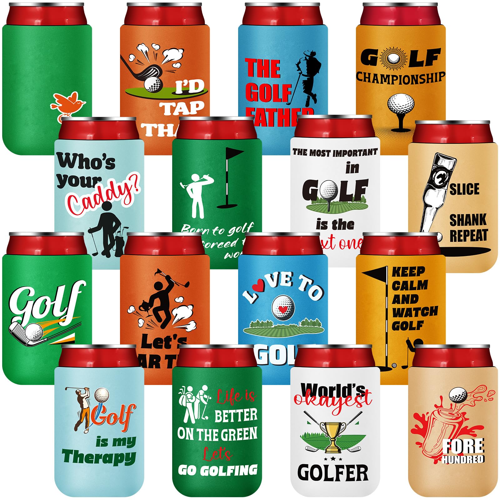 Domensi 16 Pcs Golf Gifts Funny Golf Party Themed Can Cooler Insulated Can Sleeve Bulk Golf Party Supplies for Golfer Game Outdoor Activities Decorations, 12 oz Can (Vibrant)