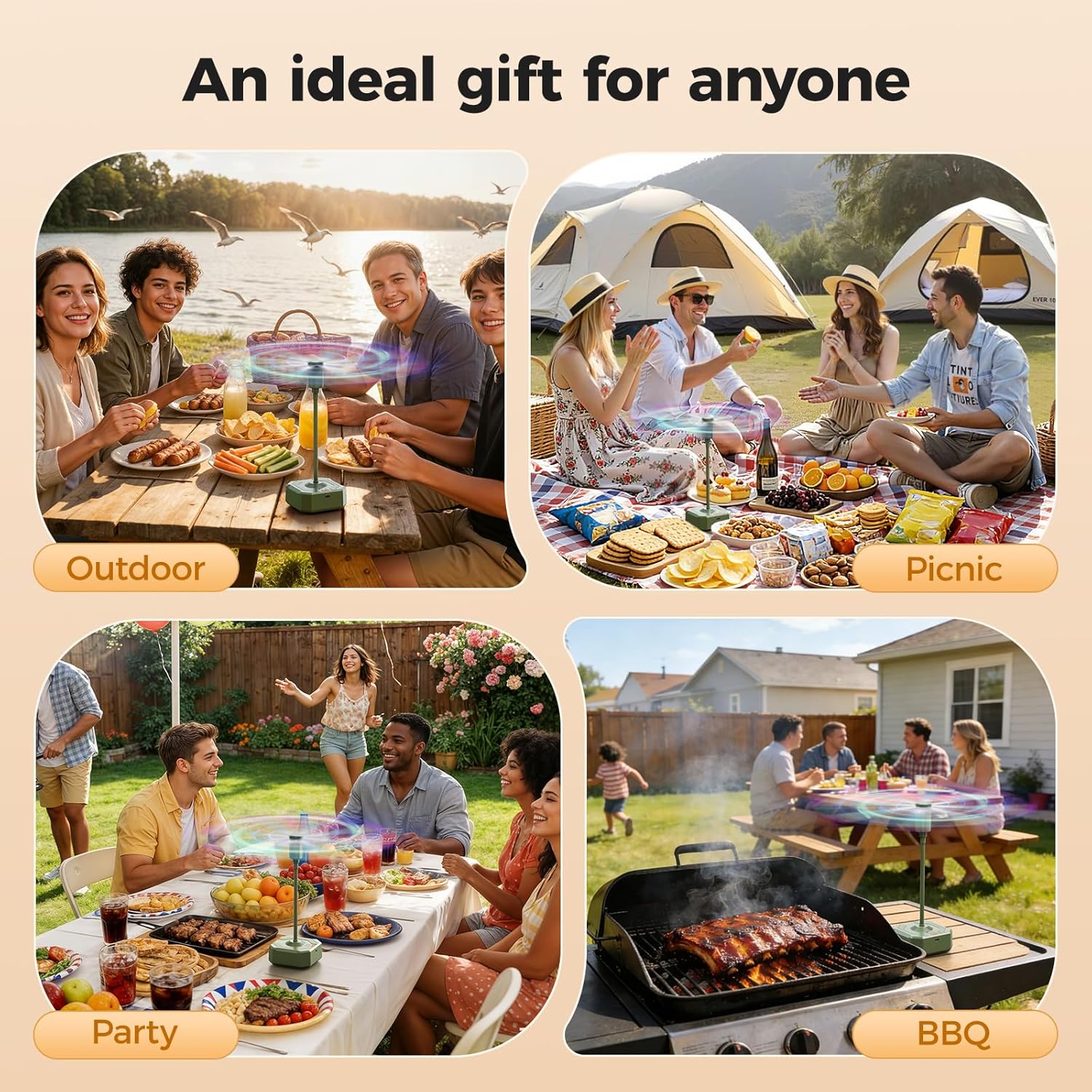 Fly Fans for Tables Rechargeable Battery Last Up to 20 Working Hrs, Fly Fan with LED Display & Safe Blades, Food Fans for Outdoor Tables for Patio, Picnic, Party, Camping (4Pack Olive Green)