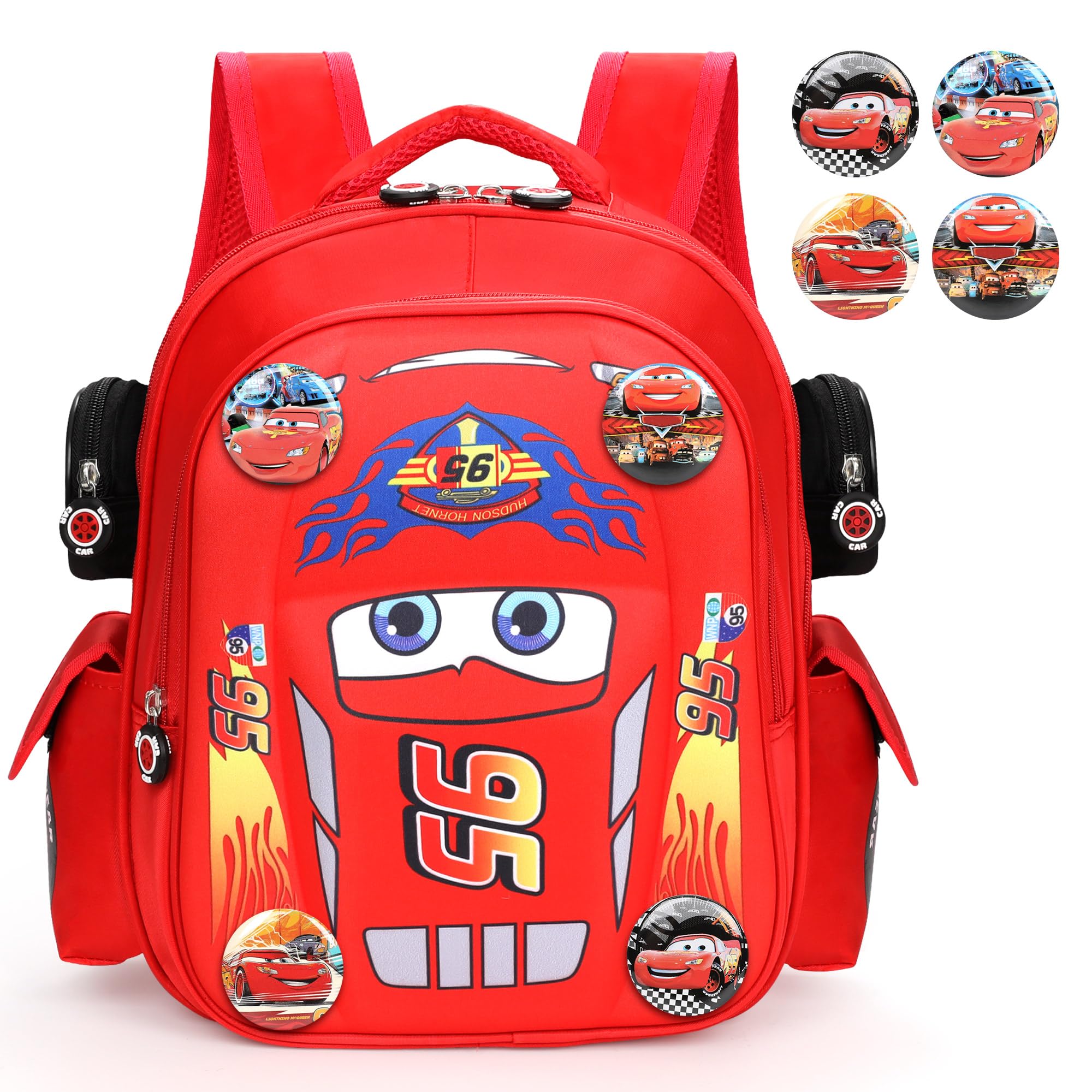 Cute Cartoon Cars School Backpack - 3D Student Cars Themed School Backpack with 4 Badges 1 Card Holder Waterproof Lightweight Cartoon Schoolbag for Preschool Toddler Boys Girls