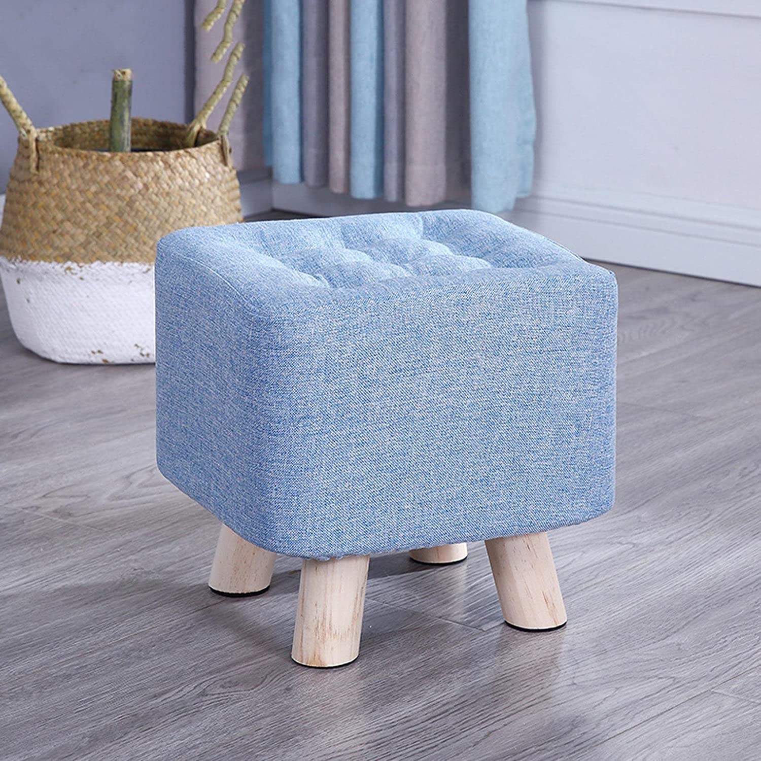 Repose-pieds carré en lin bleu 29cm avec housse amovible pour salon