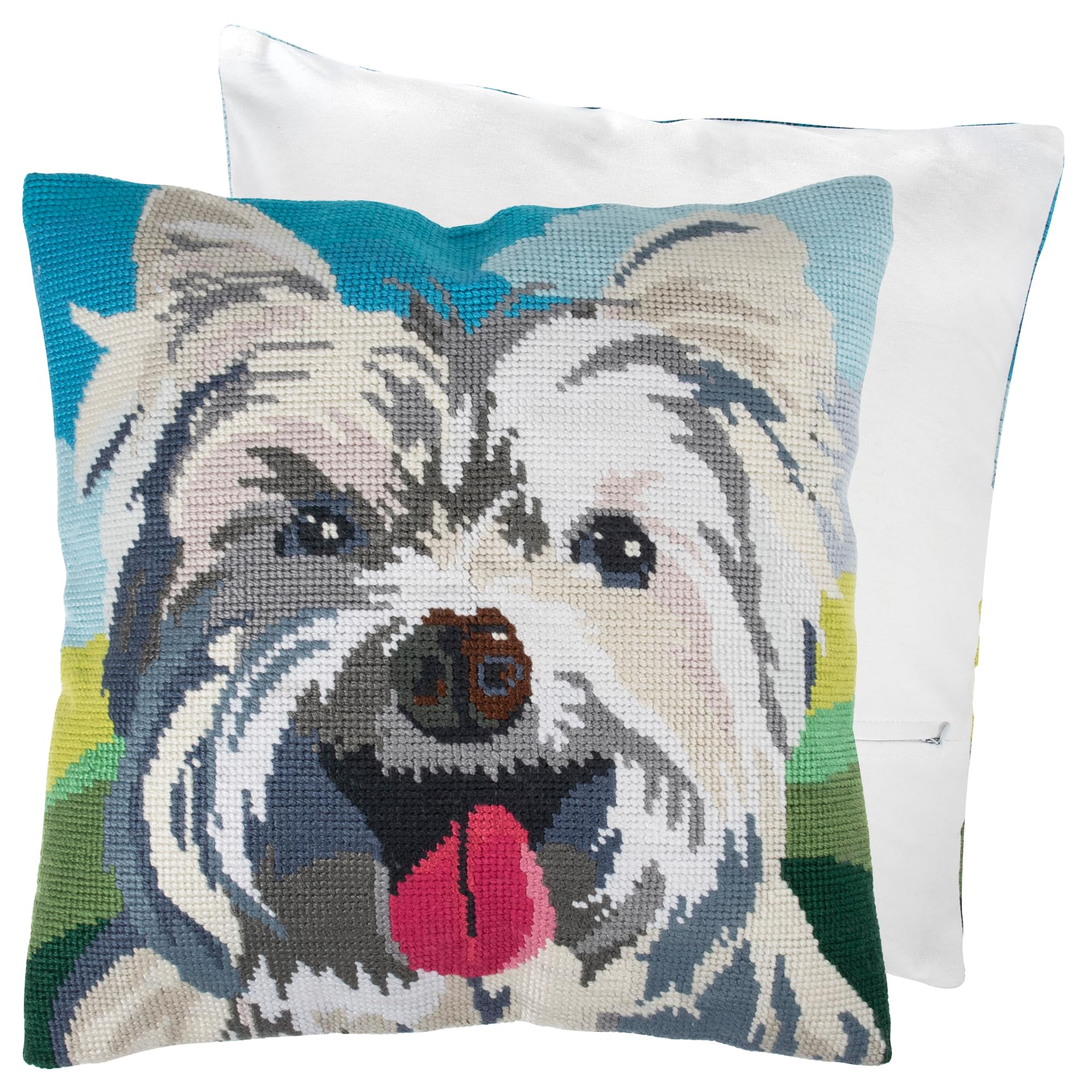 Trimits Half Stitch Cross Stitch Cushion Kit, Cushion Back Included, Pre Printed Canvas, Yarn and Needle Included 40 x 40cm (15.75 x 15.75in), Westie